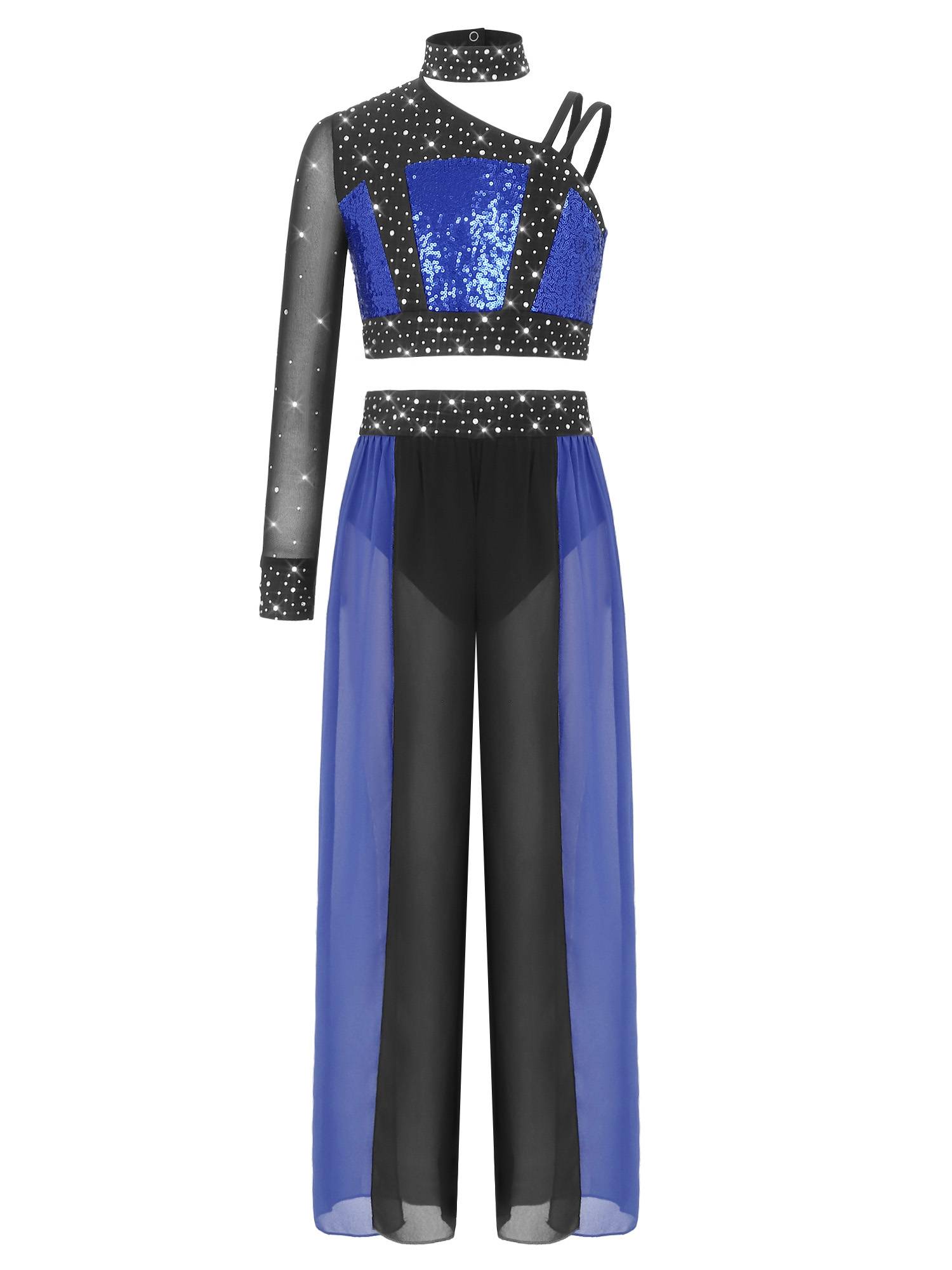 Girls 2pcs Lyrical Dance Outfit Sequin Crop Top with Chiffon Pants for Stage