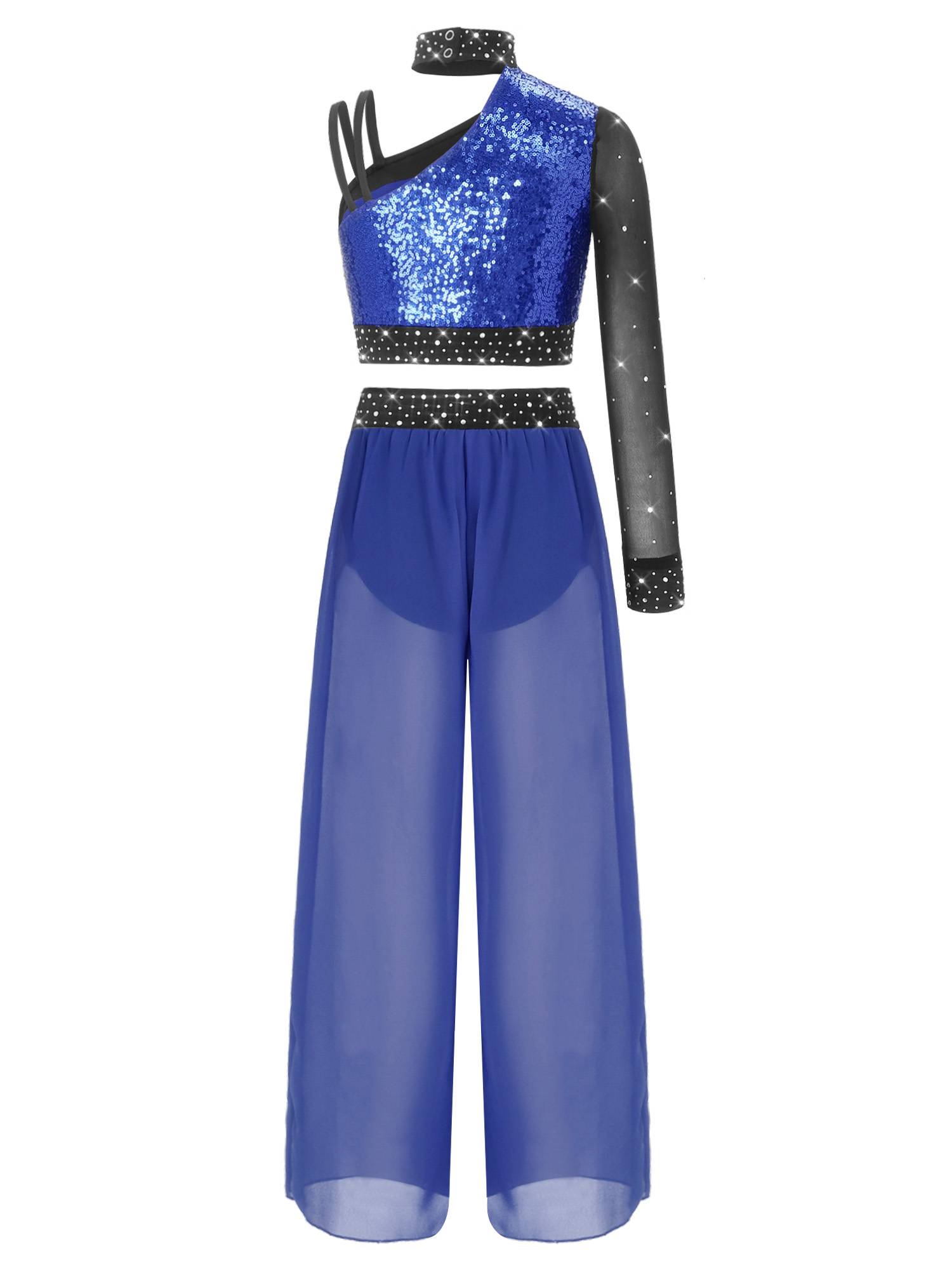 Girls 2pcs Lyrical Dance Outfit Sequin Crop Top with Chiffon Pants for Stage