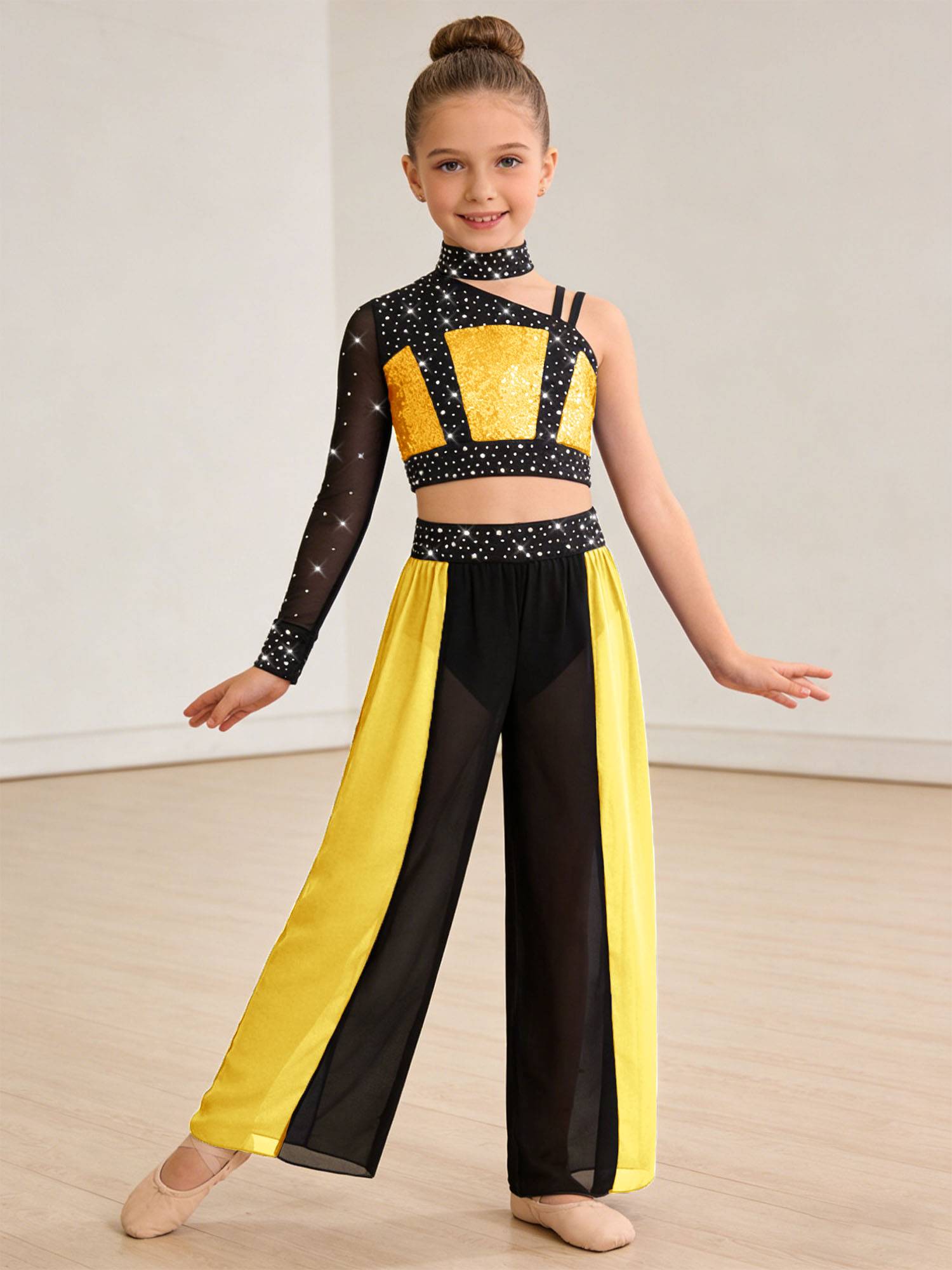 Girls 2pcs Lyrical Dance Outfit Sequin Crop Top with Chiffon Pants for Stage