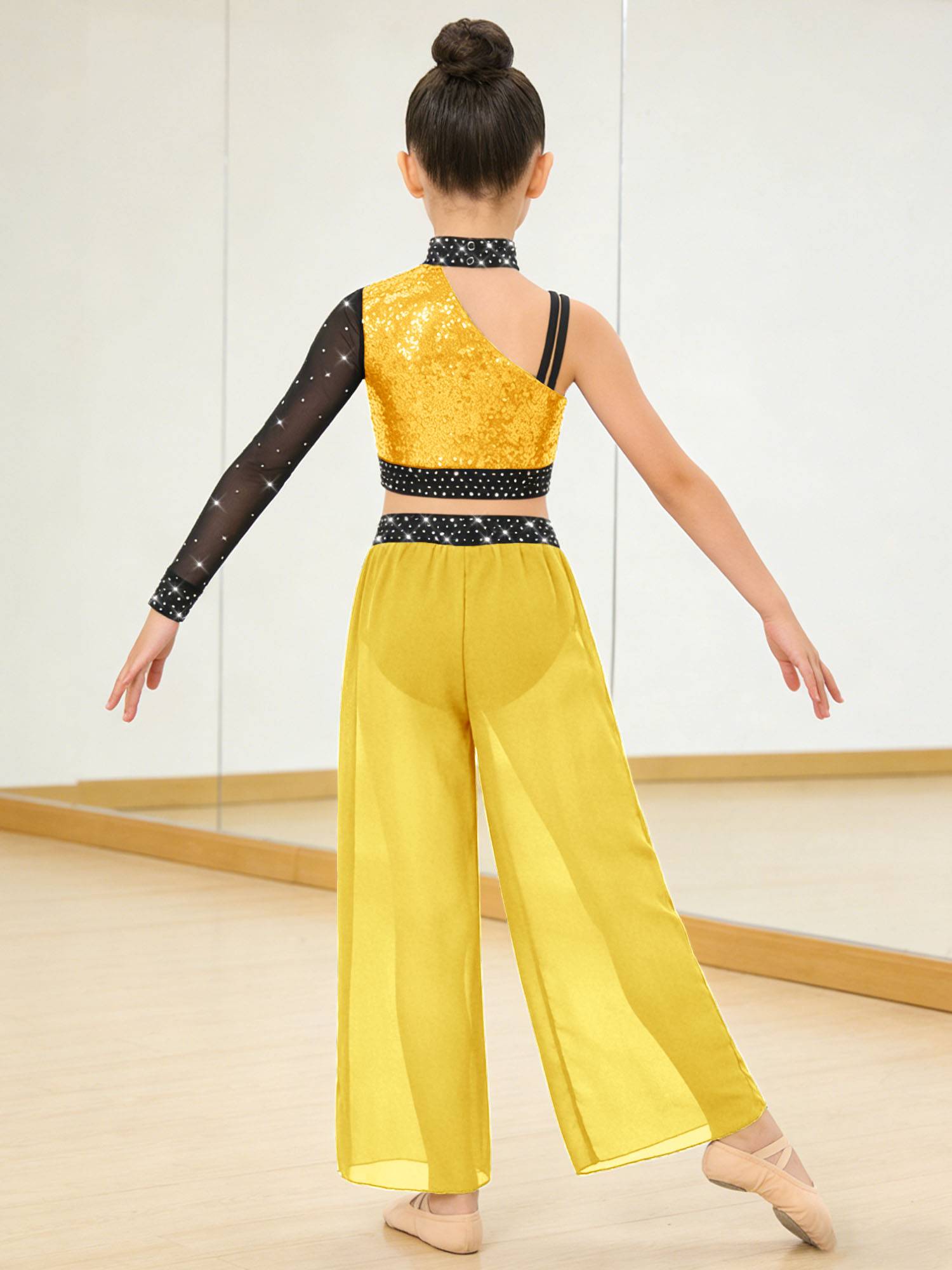 Girls 2pcs Lyrical Dance Outfit Sequin Crop Top with Chiffon Pants for Stage