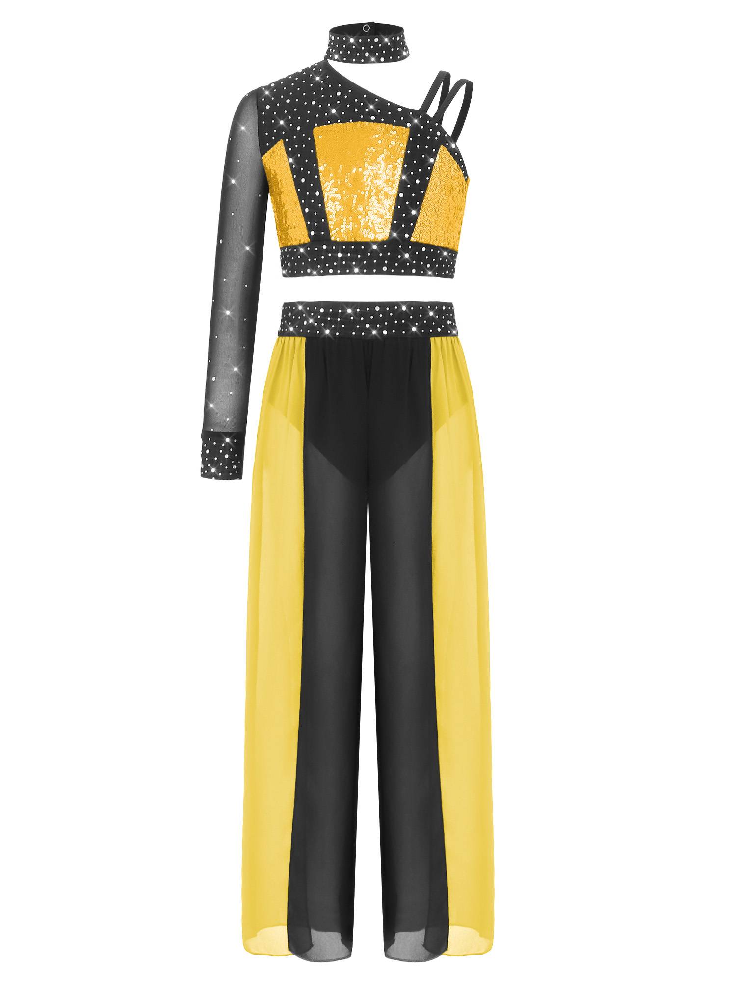 Girls 2pcs Lyrical Dance Outfit Sequin Crop Top with Chiffon Pants for Stage