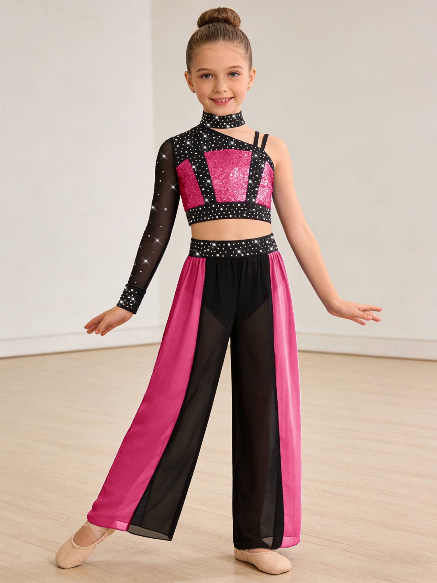 Girls 2pcs Lyrical Dance Outfit Sequin Crop Top with Chiffon Pants for Stage