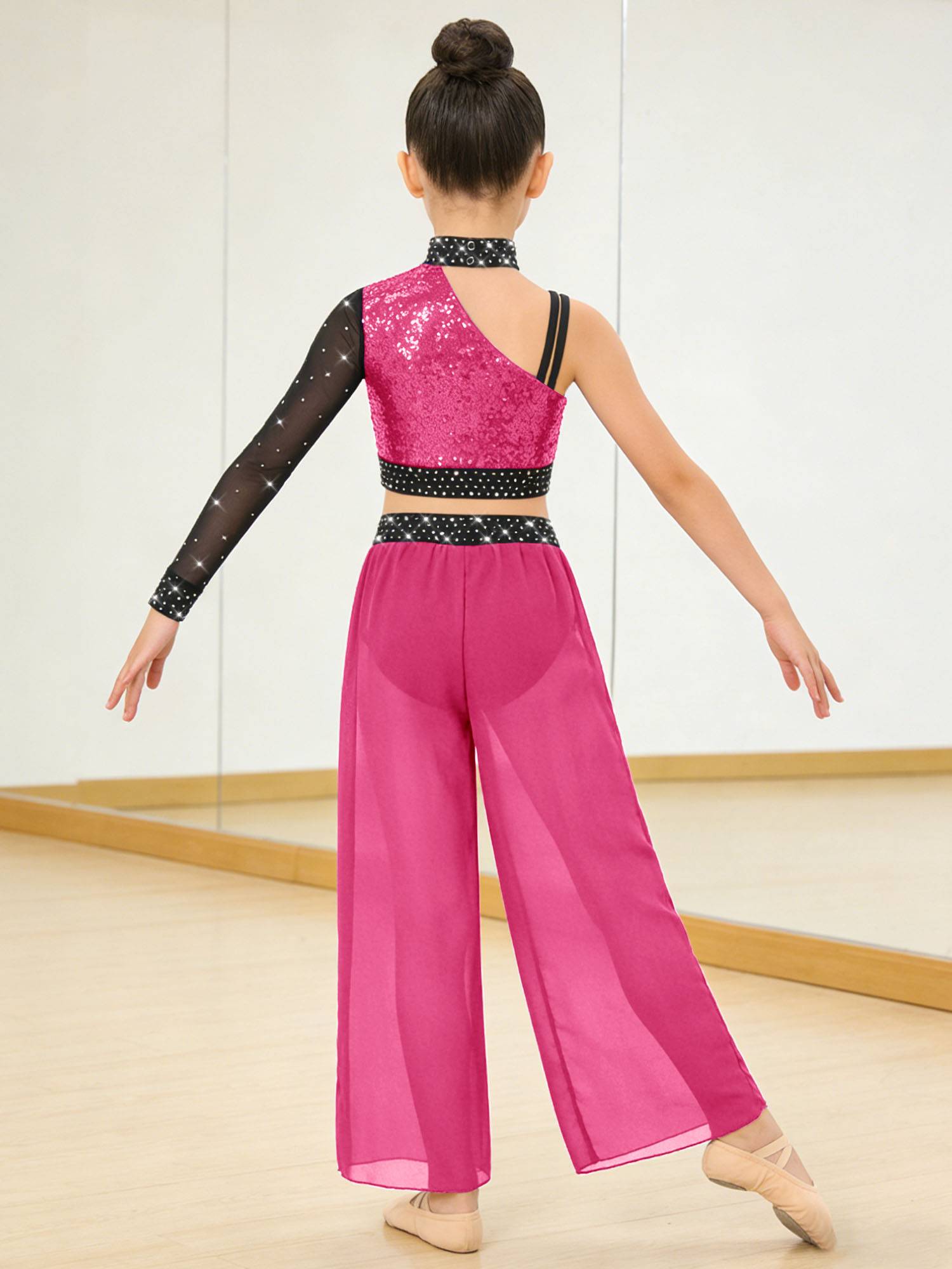Girls 2pcs Lyrical Dance Outfit Sequin Crop Top with Chiffon Pants for Stage