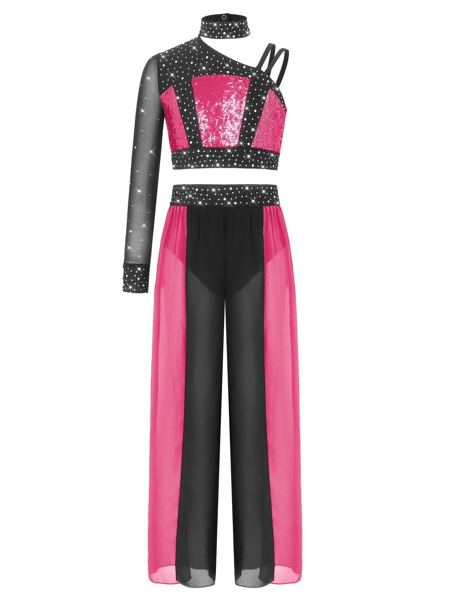 Girls 2pcs Lyrical Dance Outfit Sequin Crop Top with Chiffon Pants for Stage