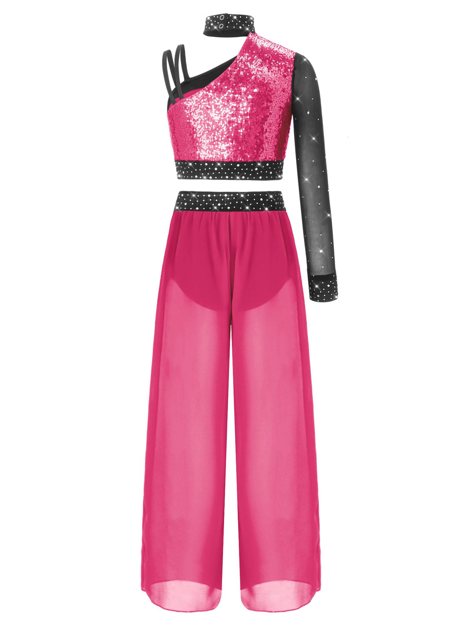 Girls 2pcs Lyrical Dance Outfit Sequin Crop Top with Chiffon Pants for Stage