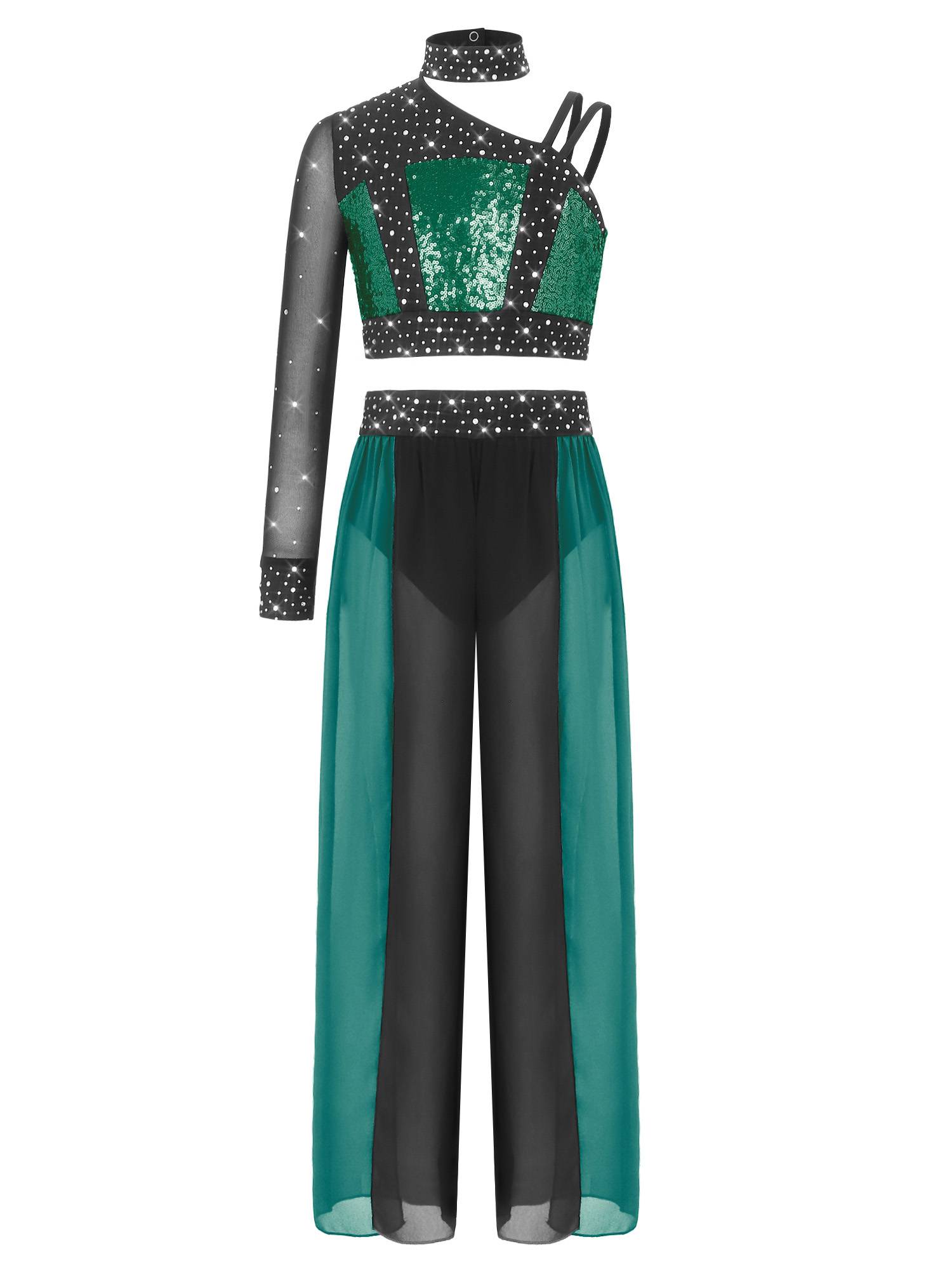 Girls 2pcs Lyrical Dance Outfit Sequin Crop Top with Chiffon Pants for Stage
