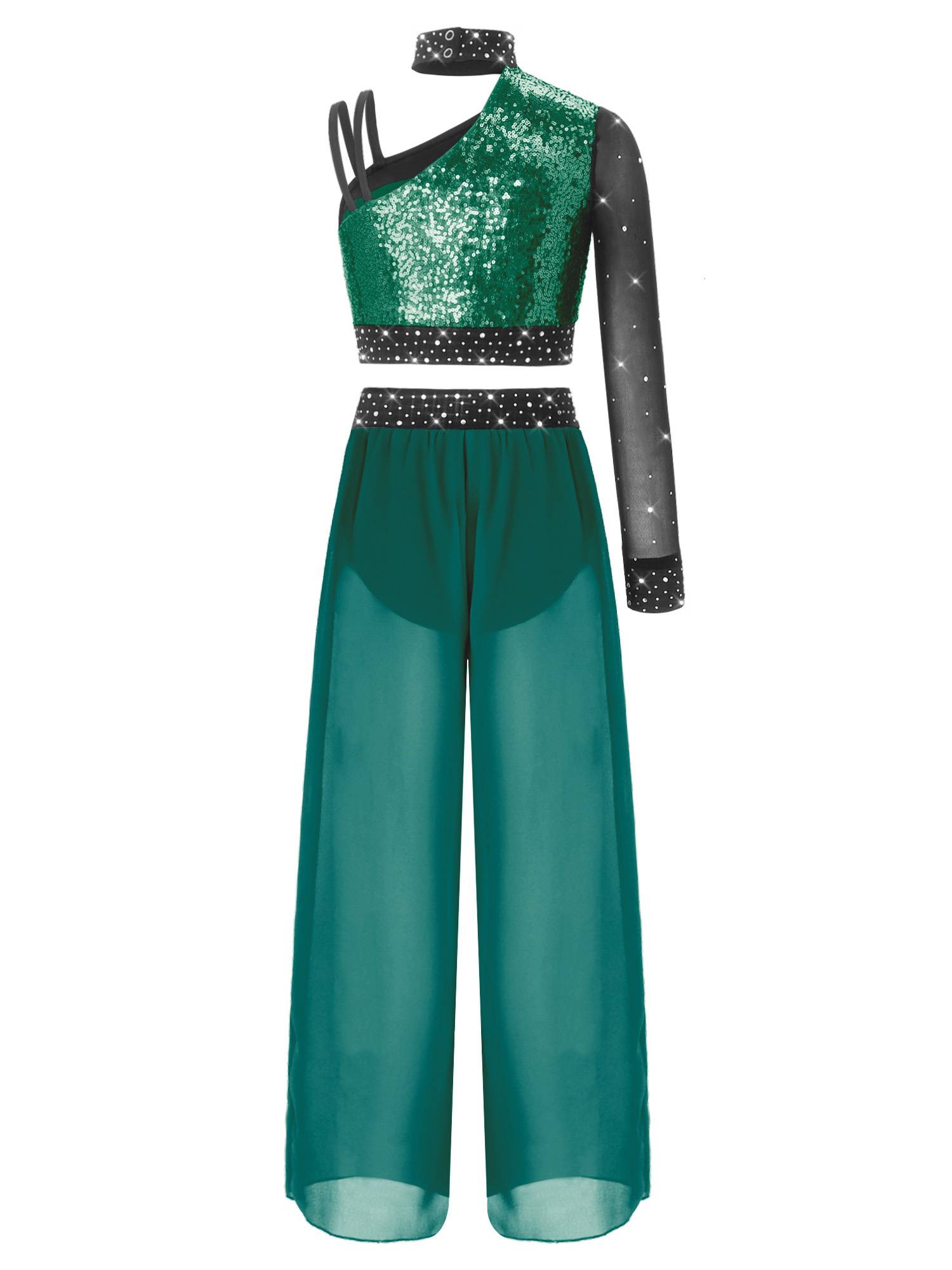 Girls 2pcs Lyrical Dance Outfit Sequin Crop Top with Chiffon Pants for Stage