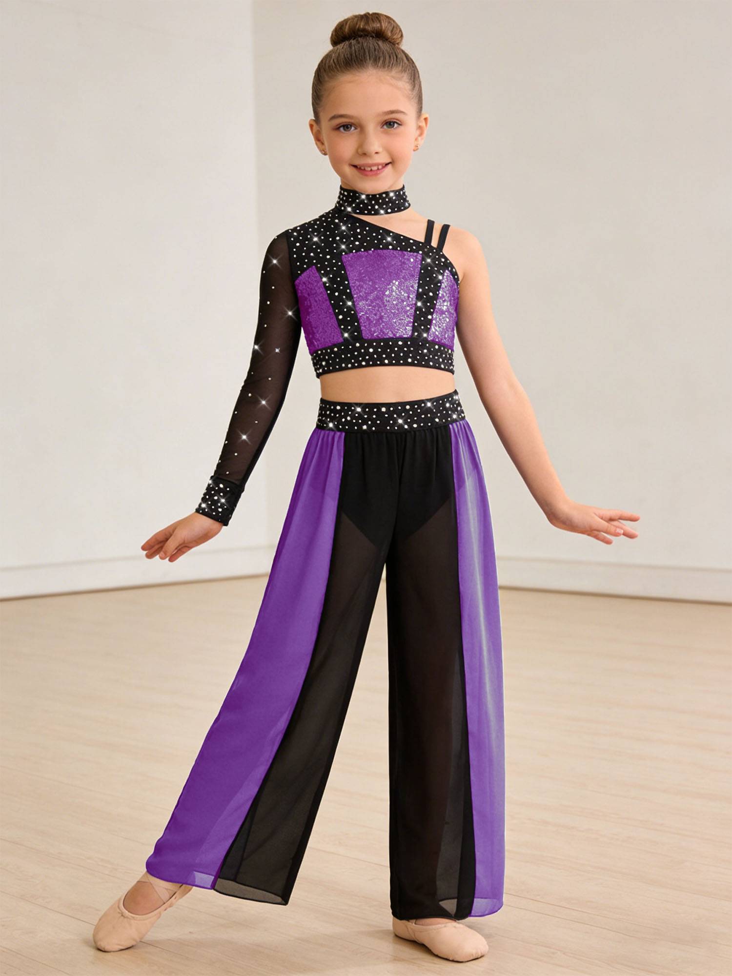 Girls 2pcs Lyrical Dance Outfit Sequin Crop Top with Chiffon Pants for Stage