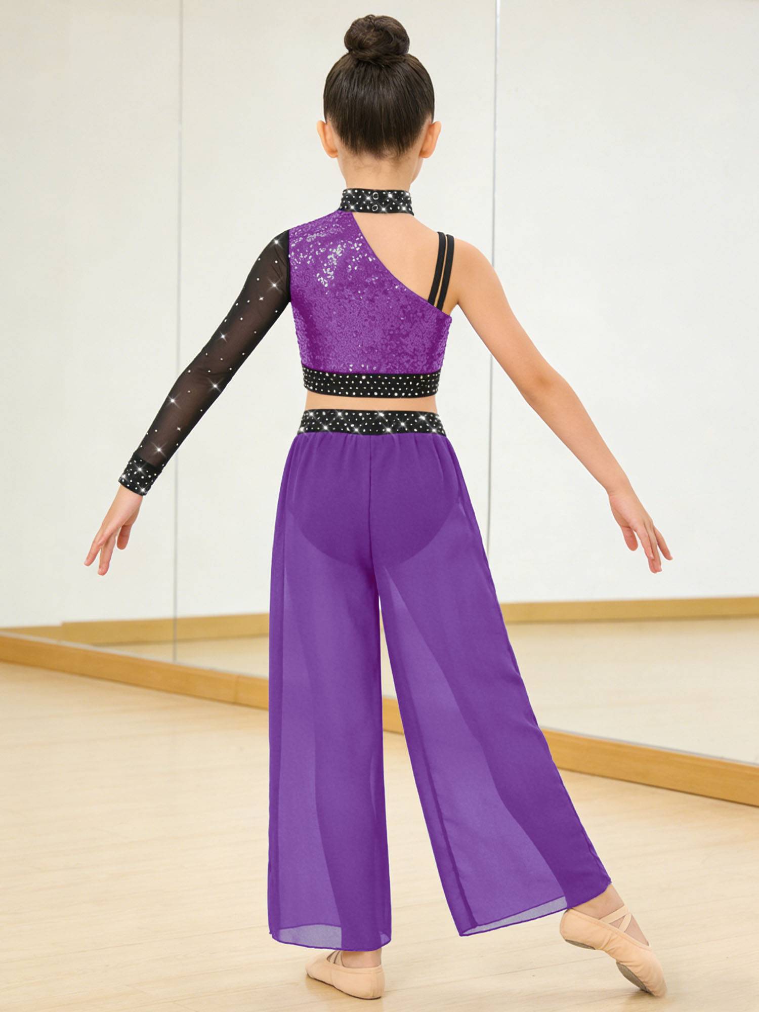 Girls 2pcs Lyrical Dance Outfit Sequin Crop Top with Chiffon Pants for Stage