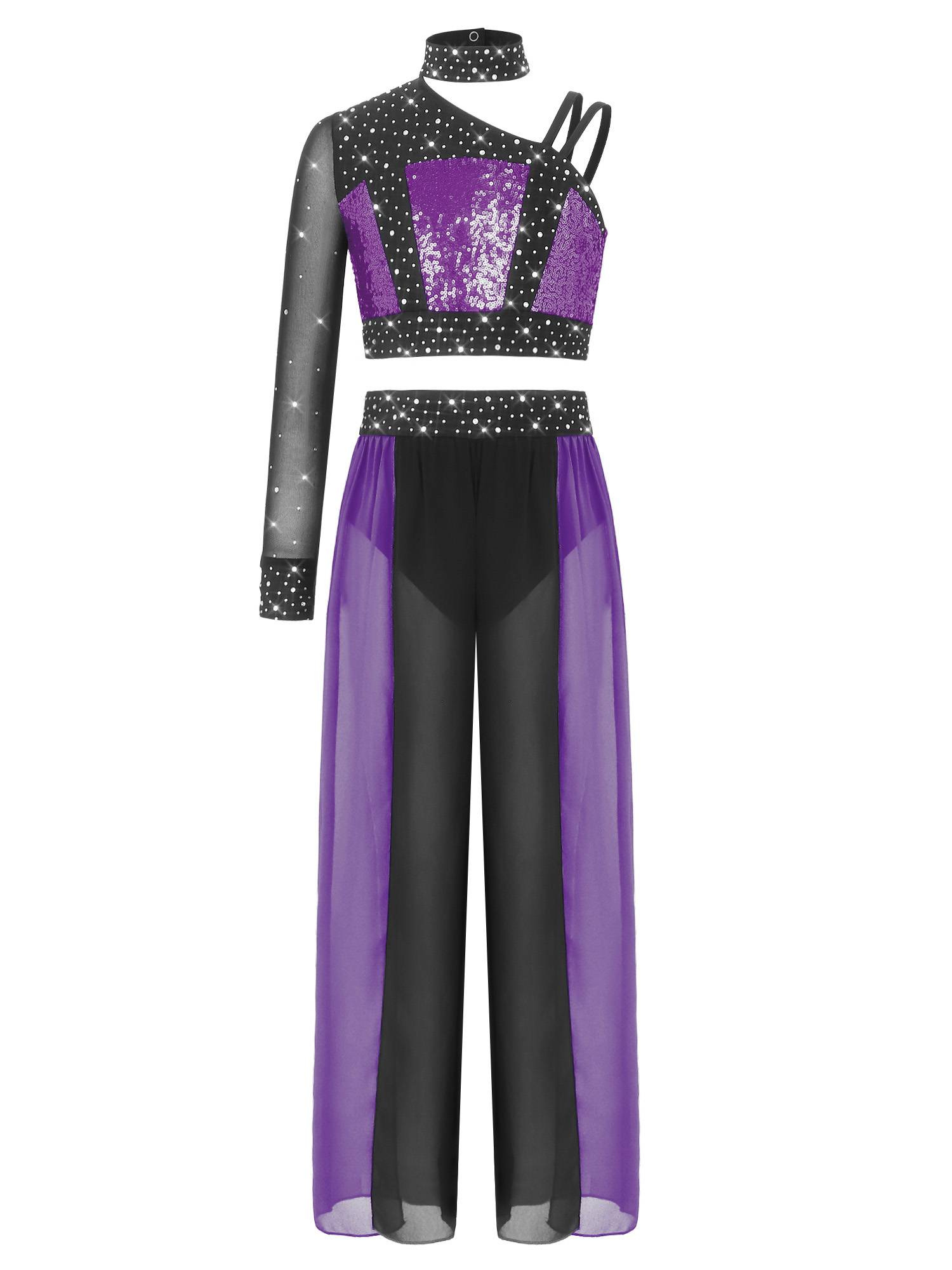 Girls 2pcs Lyrical Dance Outfit Sequin Crop Top with Chiffon Pants for Stage