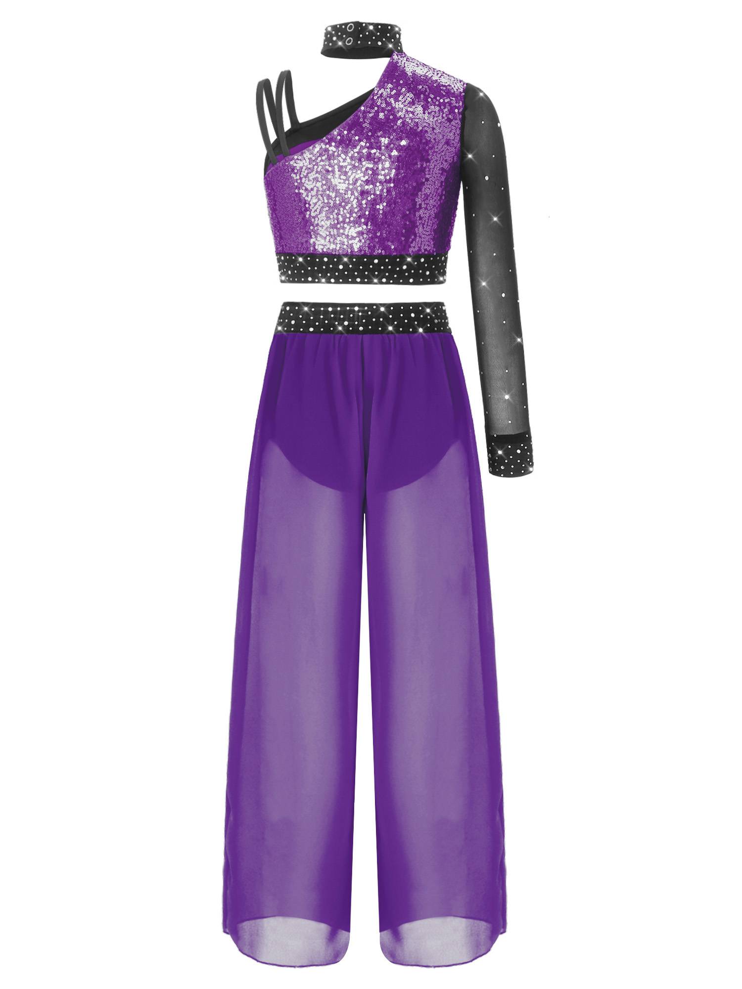 Girls 2pcs Lyrical Dance Outfit Sequin Crop Top with Chiffon Pants for Stage