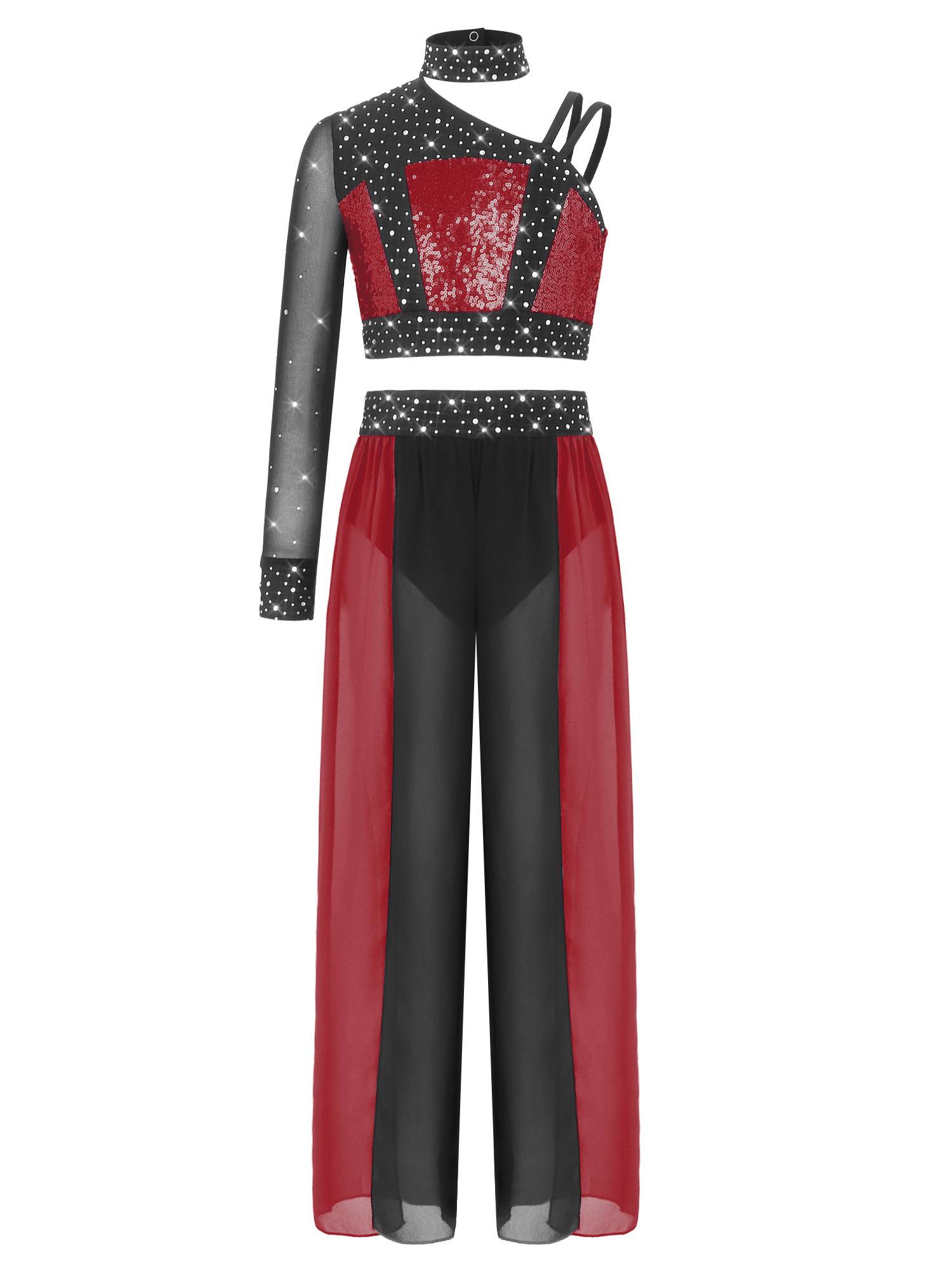 Girls 2pcs Lyrical Dance Outfit Sequin Crop Top with Chiffon Pants for Stage