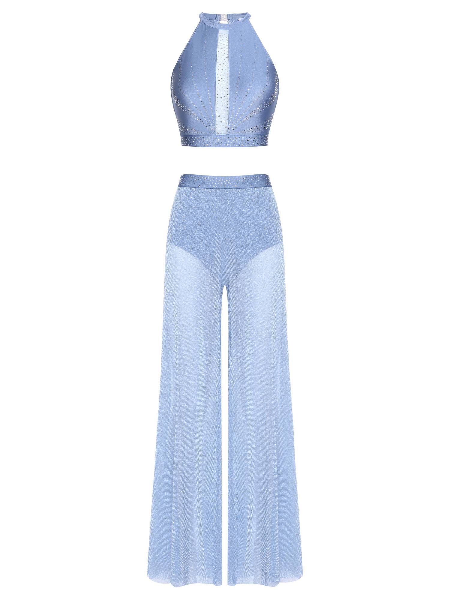 Womens 2Pcs Lyrical Dance Outfit Rhinestone Sleeveless Top and Side Slit Pants