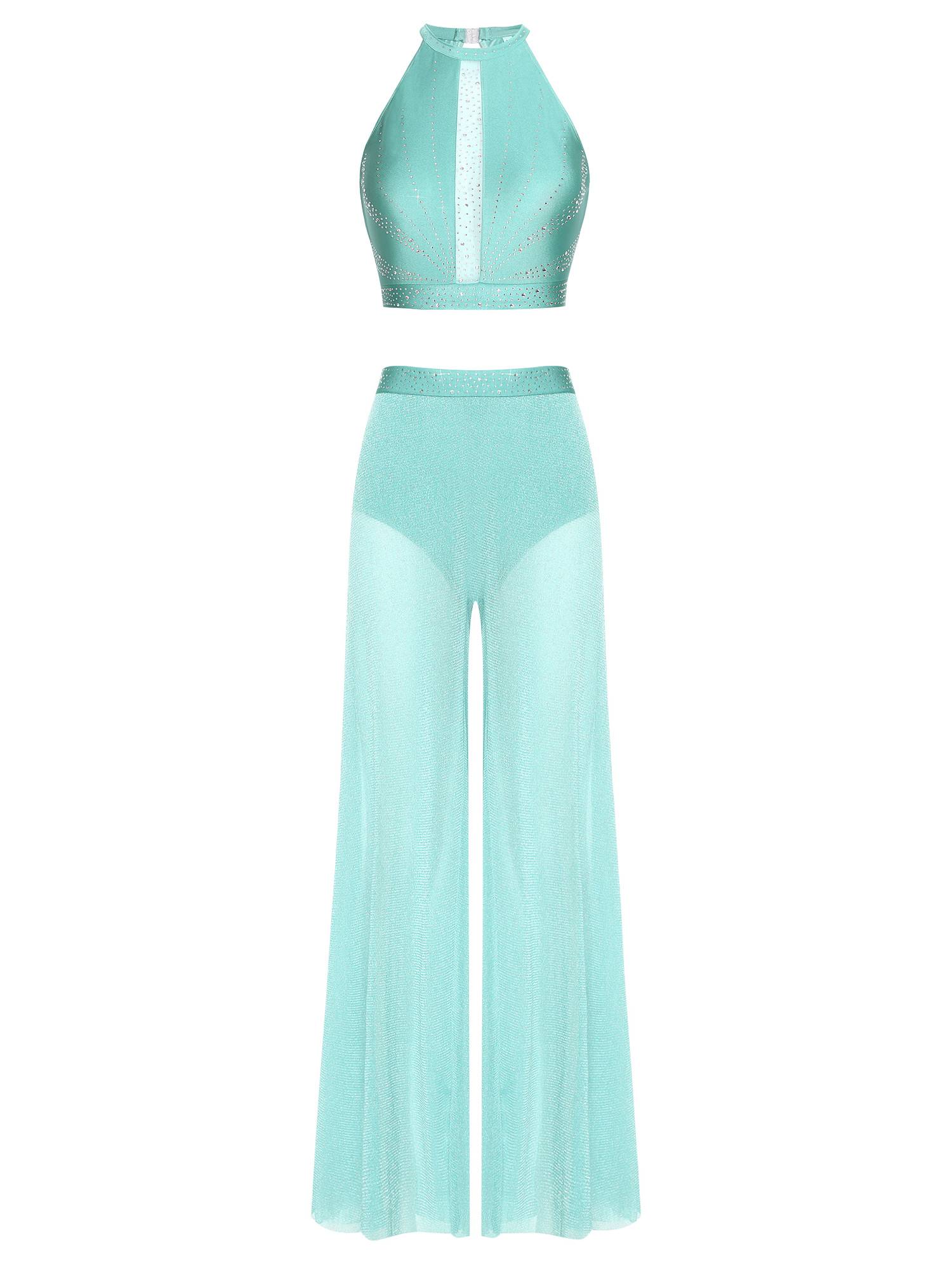 Womens 2Pcs Lyrical Dance Outfit Rhinestone Sleeveless Top and Side Slit Pants