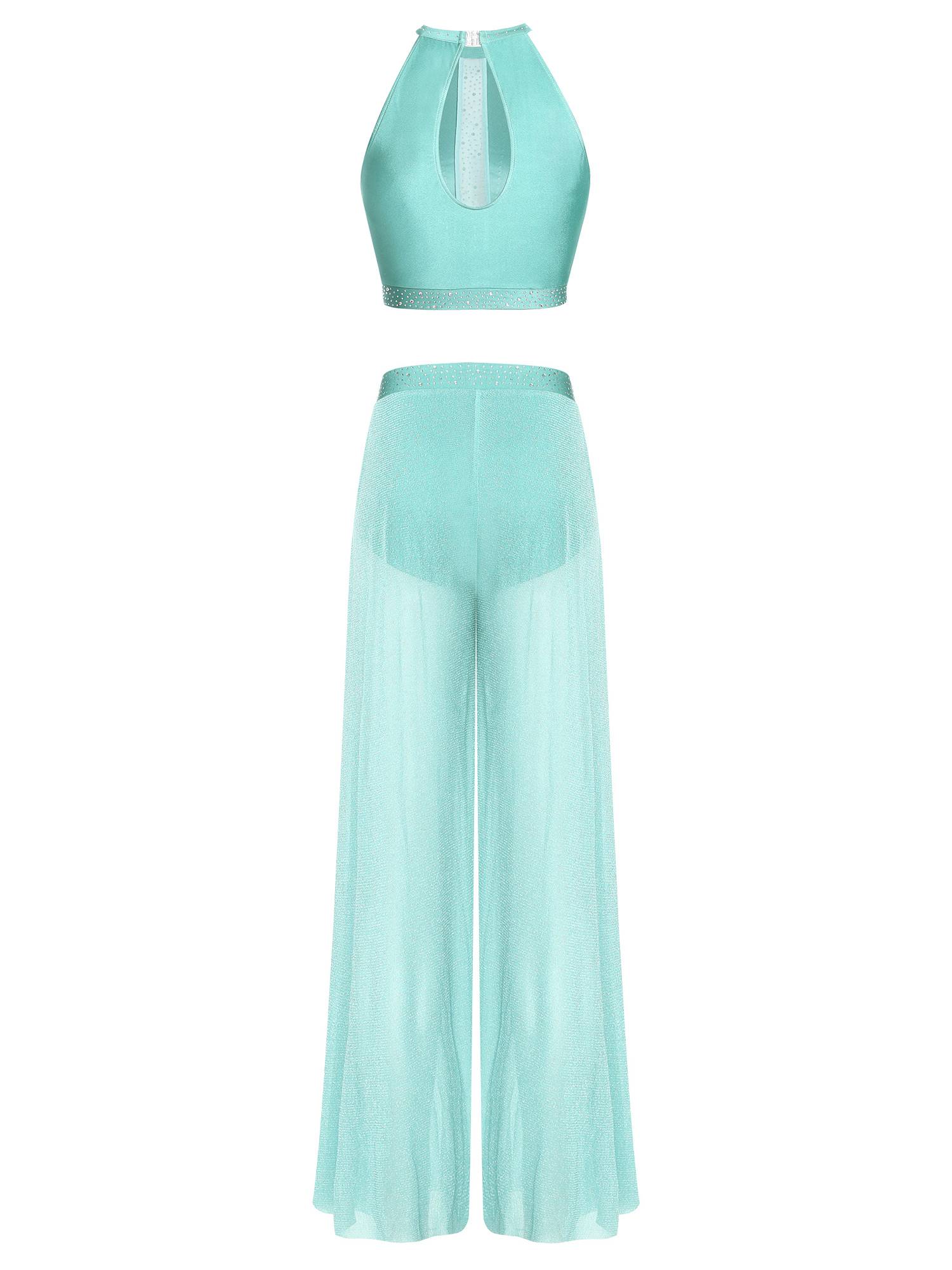 Womens 2Pcs Lyrical Dance Outfit Rhinestone Sleeveless Top and Side Slit Pants
