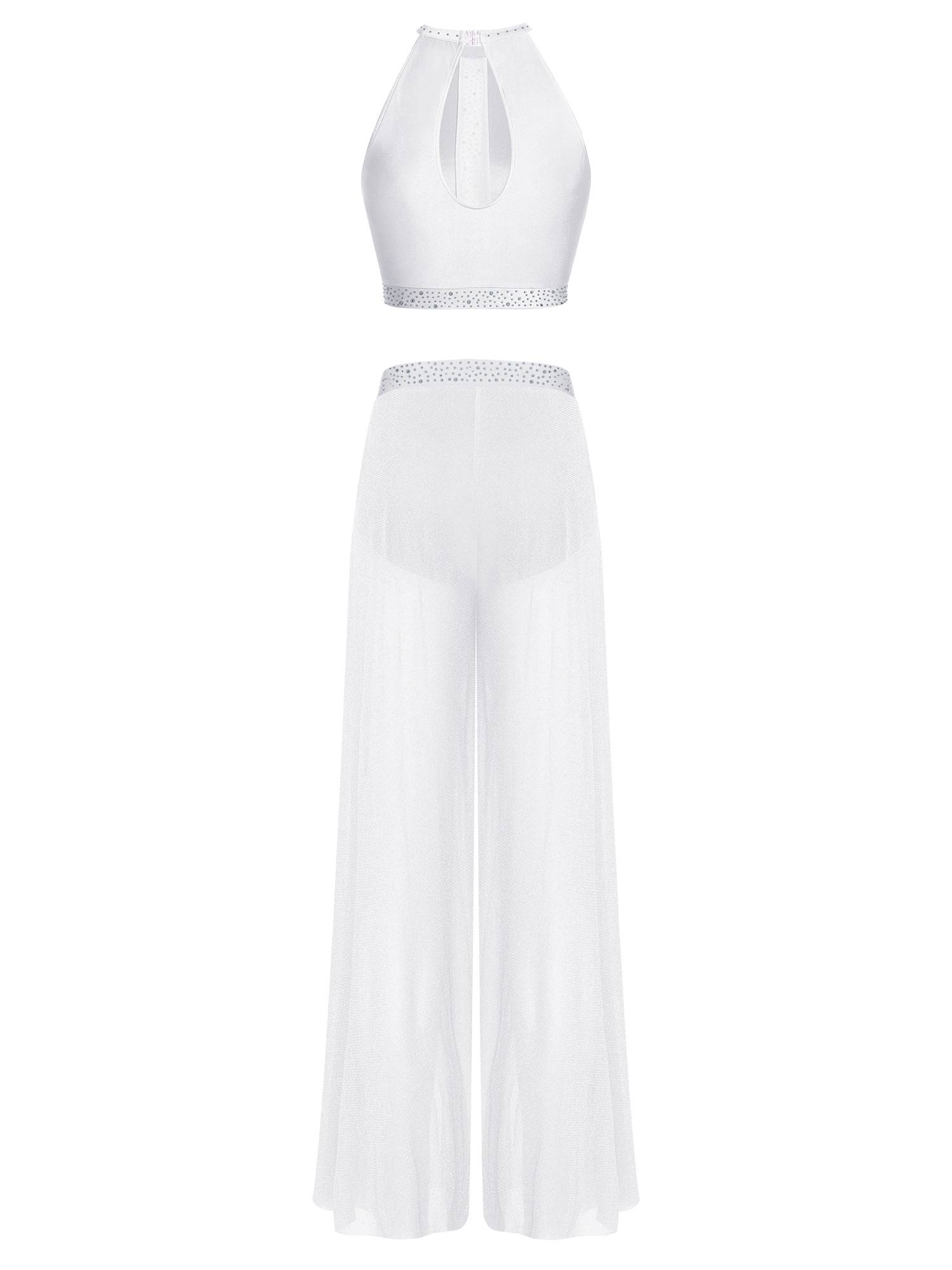 Womens 2Pcs Lyrical Dance Outfit Rhinestone Sleeveless Top and Side Slit Pants