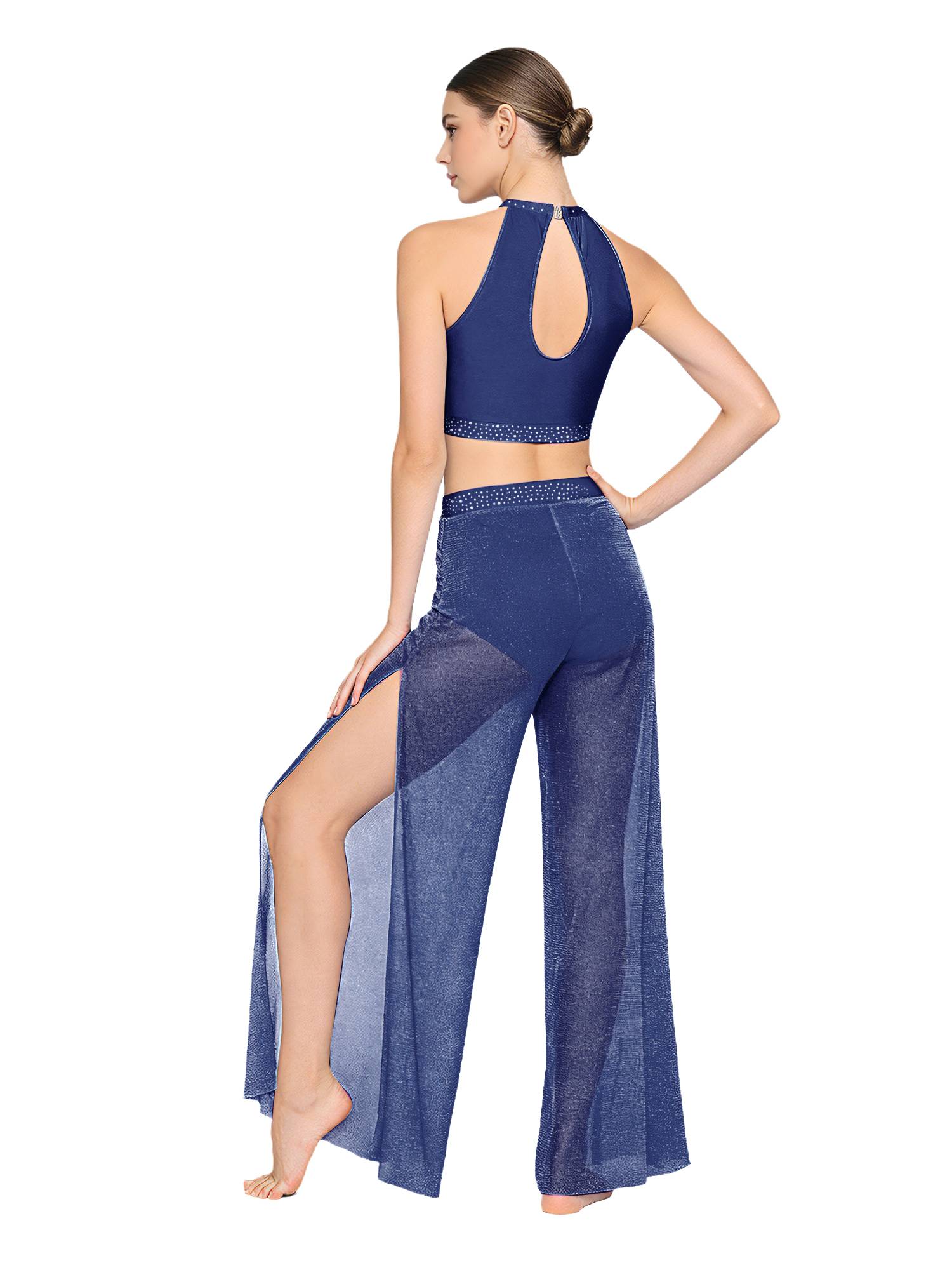 Womens 2Pcs Lyrical Dance Outfit Rhinestone Sleeveless Top and Side Slit Pants