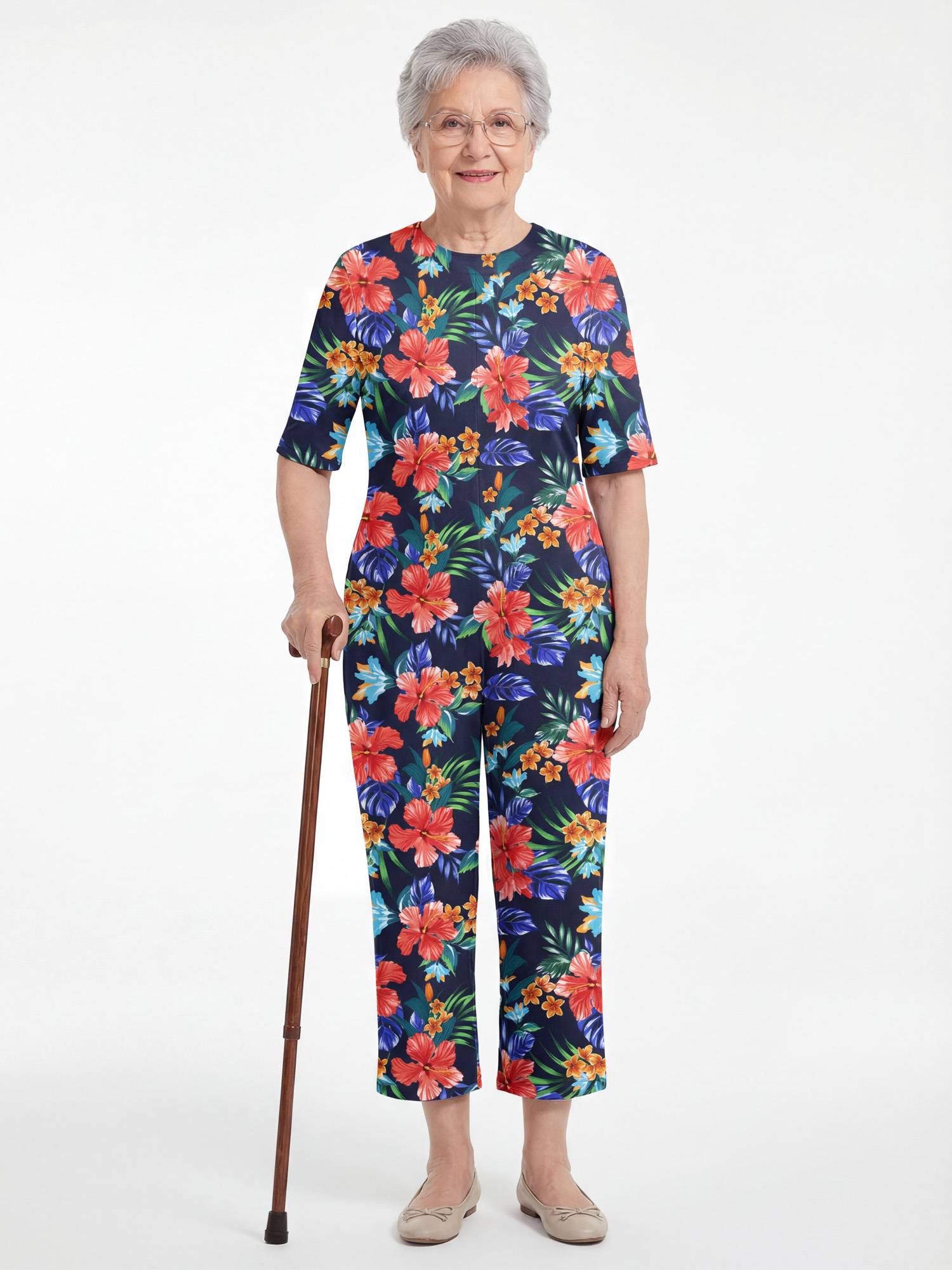 Womens Floral Short Sleeve Back Zipper Anti-strip Adaptive Rompers for Alzheimer