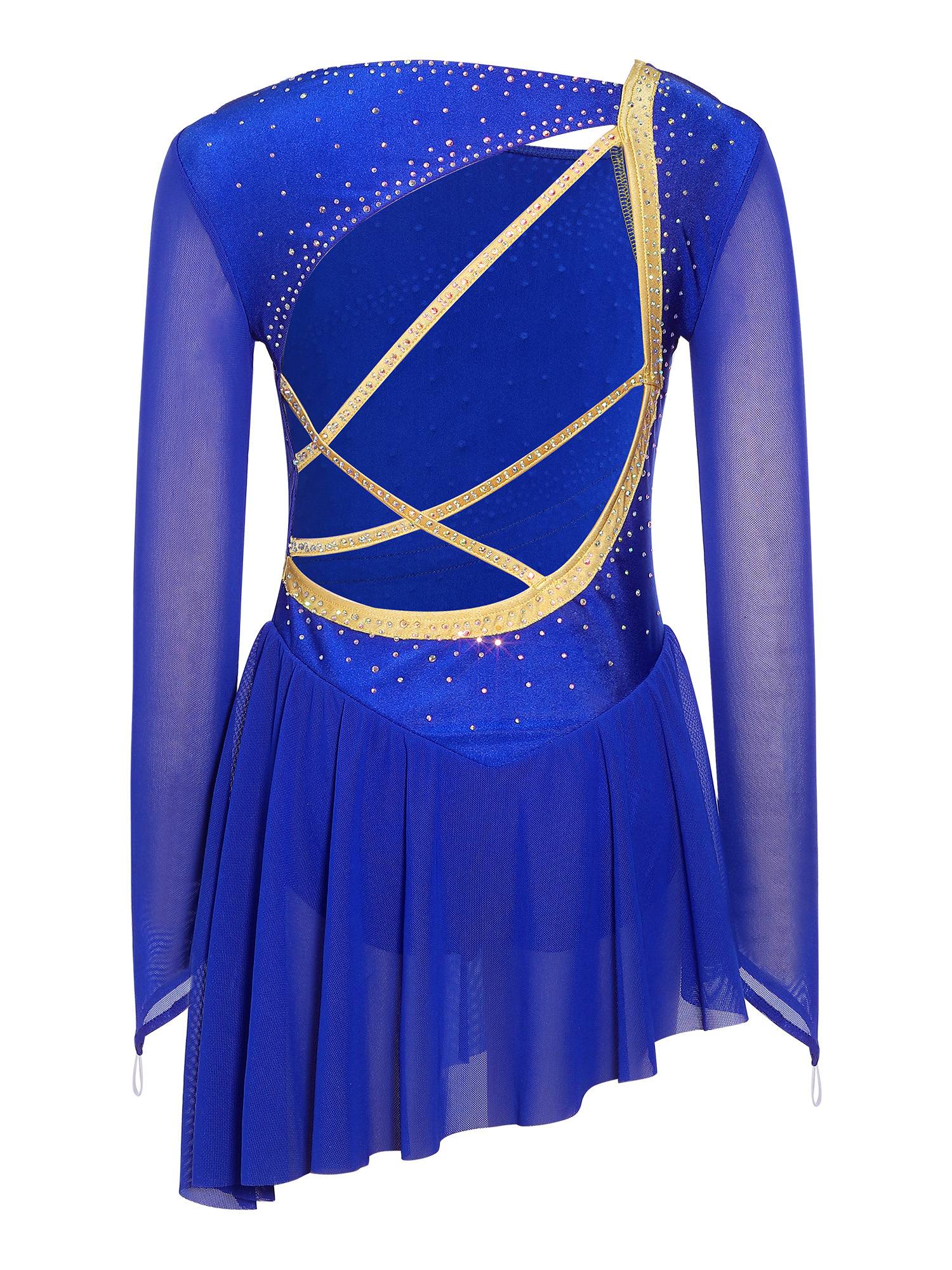 Girls Long Sleeve Rhinestone Figure Skating Dress for Ice Skating & Ballet Show