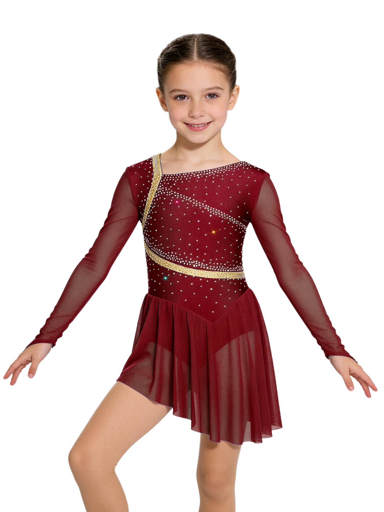 Girls Long Sleeve Rhinestone Figure Skating Dress for Ice Skating & Ballet Show