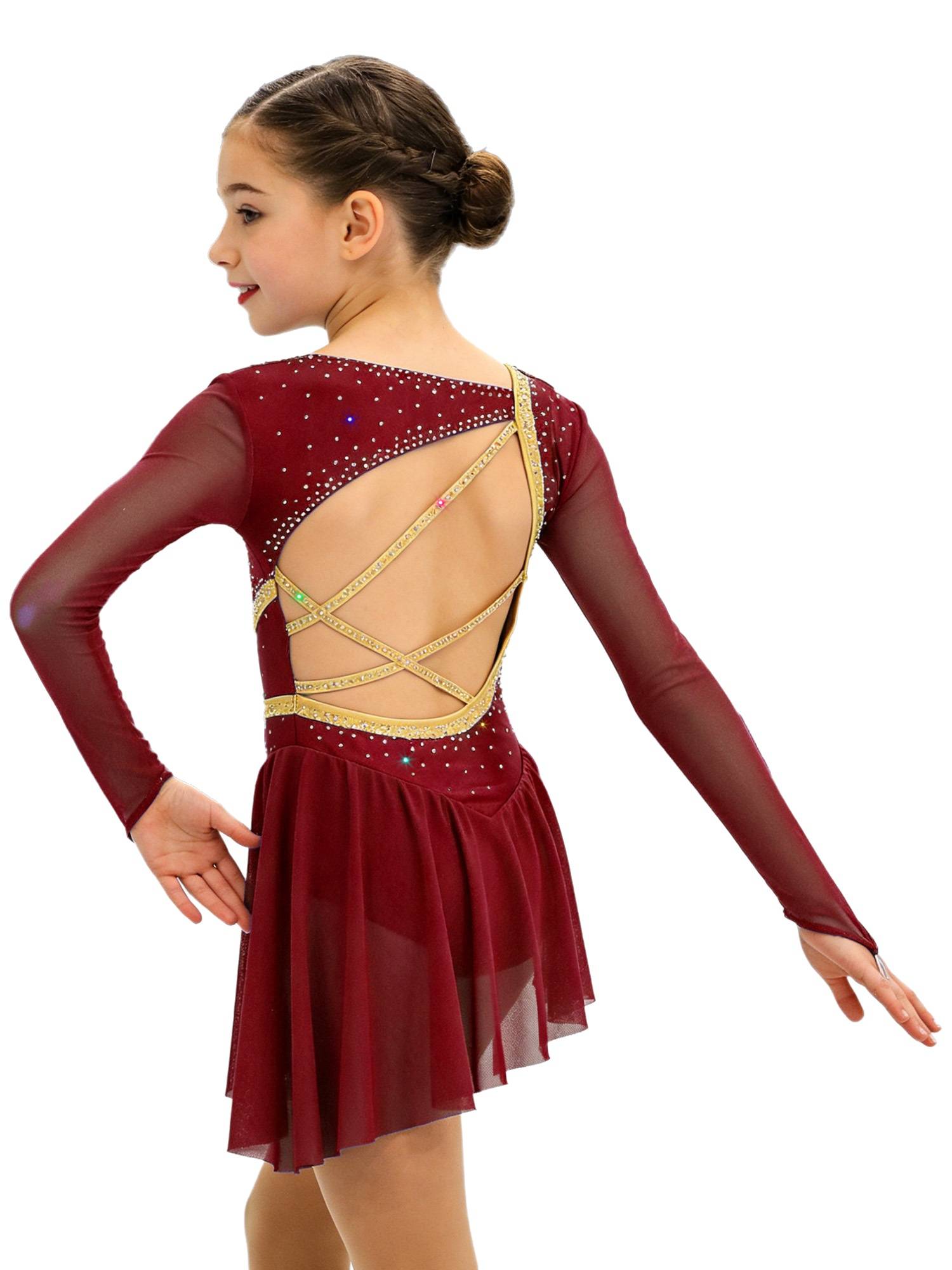 Girls Long Sleeve Rhinestone Figure Skating Dress for Ice Skating & Ballet Show