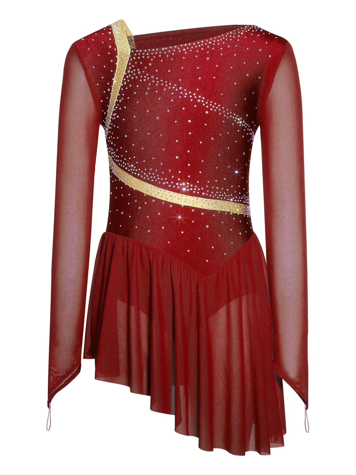 Girls Long Sleeve Rhinestone Figure Skating Dress for Ice Skating & Ballet Show