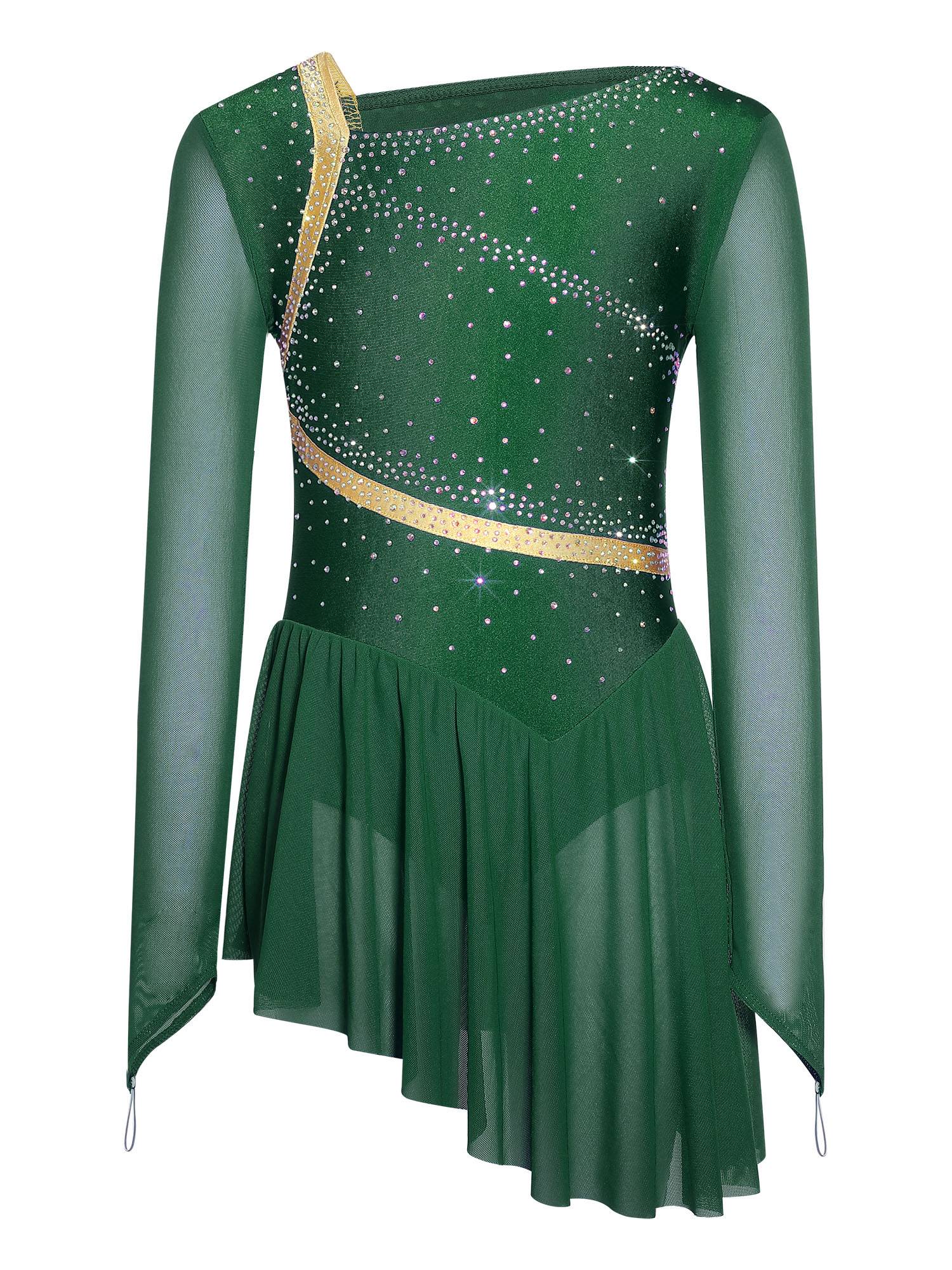 Girls Long Sleeve Rhinestone Figure Skating Dress for Ice Skating & Ballet Show