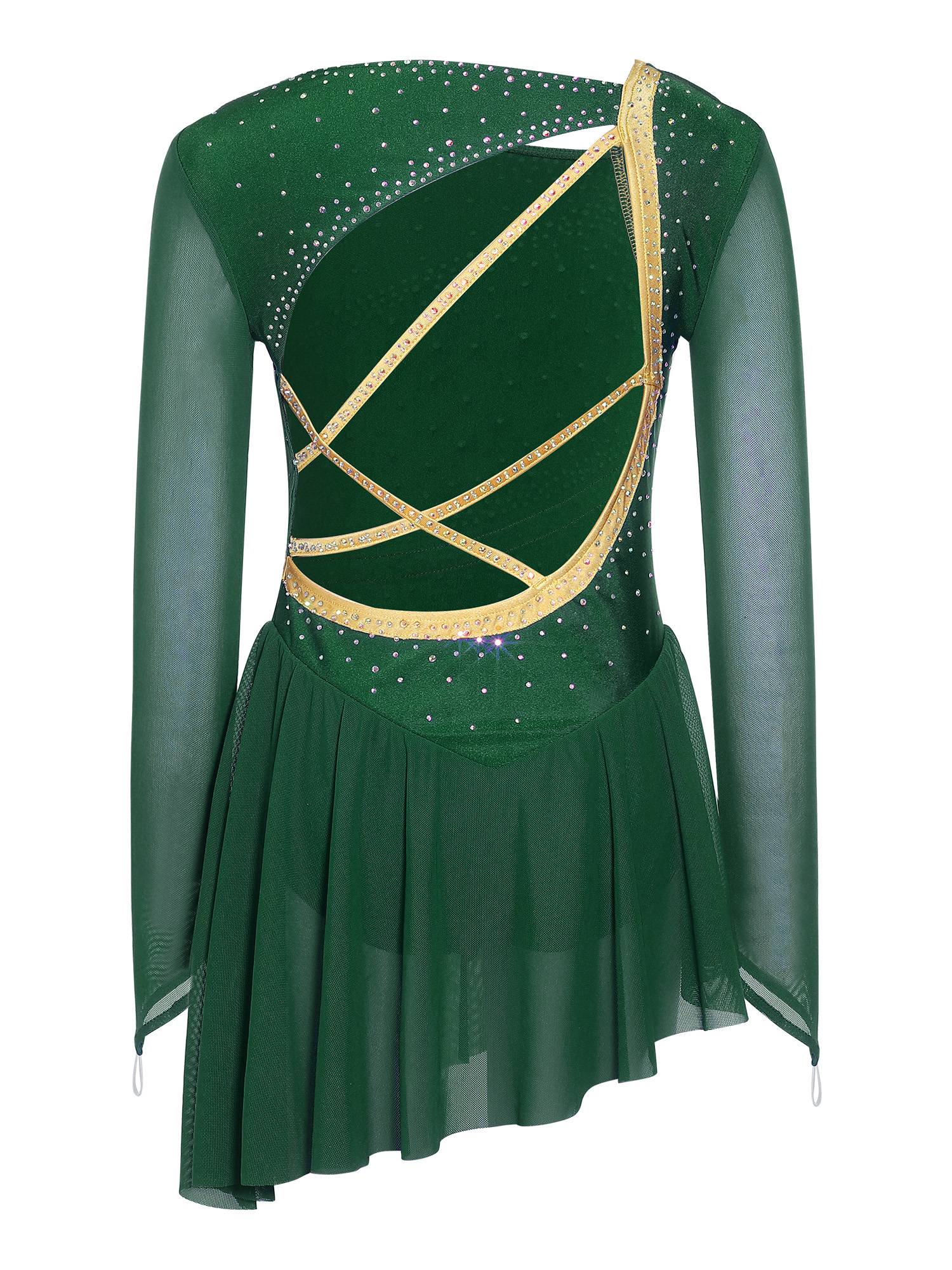 Girls Long Sleeve Rhinestone Figure Skating Dress for Ice Skating & Ballet Show