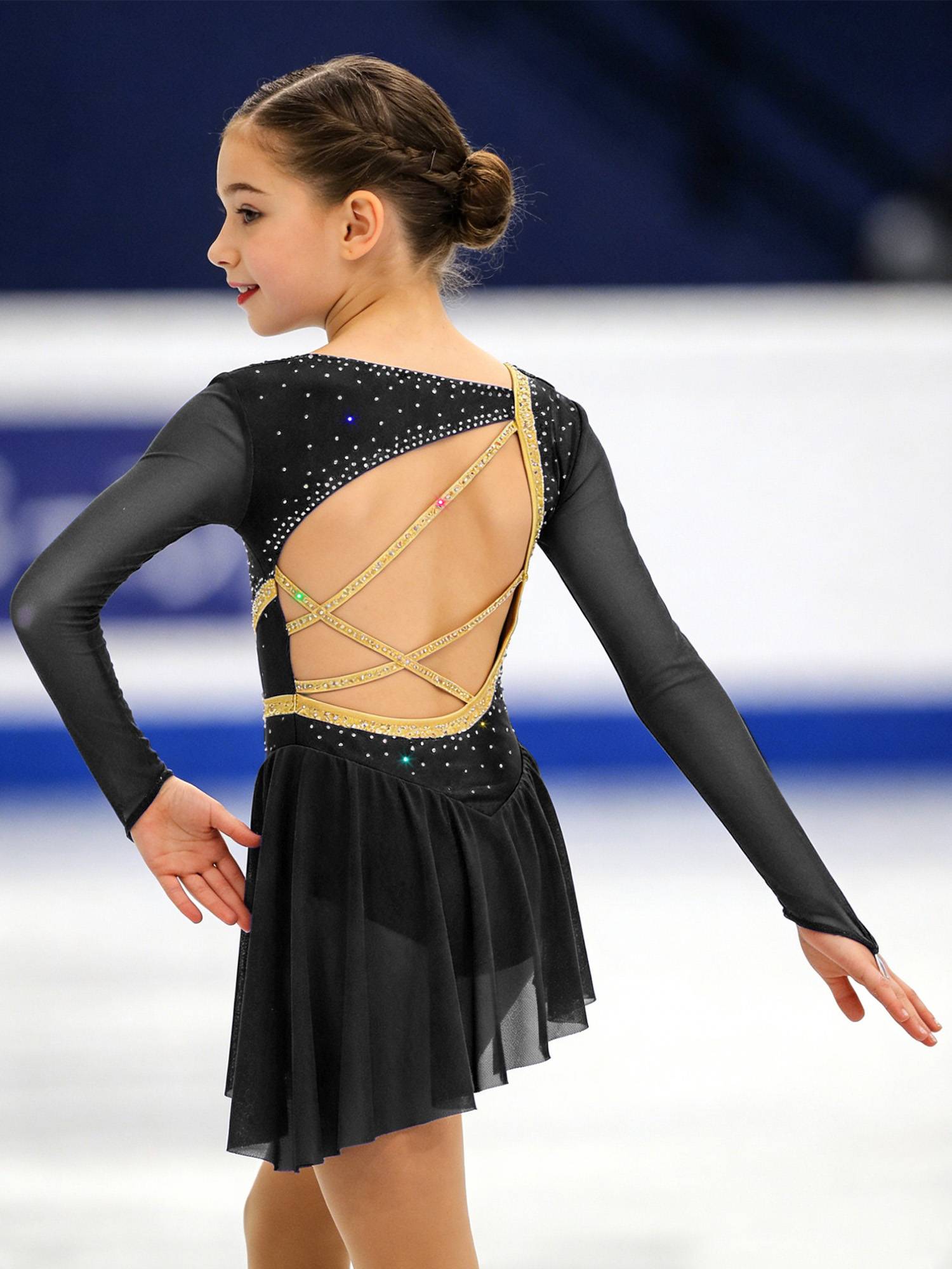 Girls Long Sleeve Rhinestone Figure Skating Dress for Ice Skating & Ballet Show