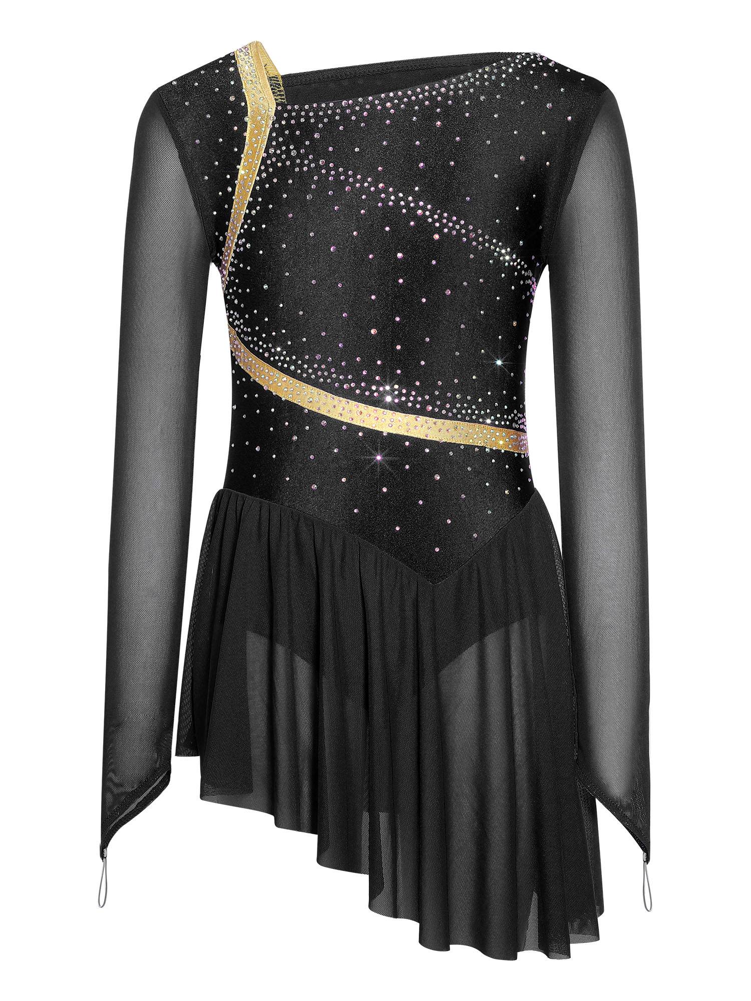 Girls Long Sleeve Rhinestone Figure Skating Dress for Ice Skating & Ballet Show