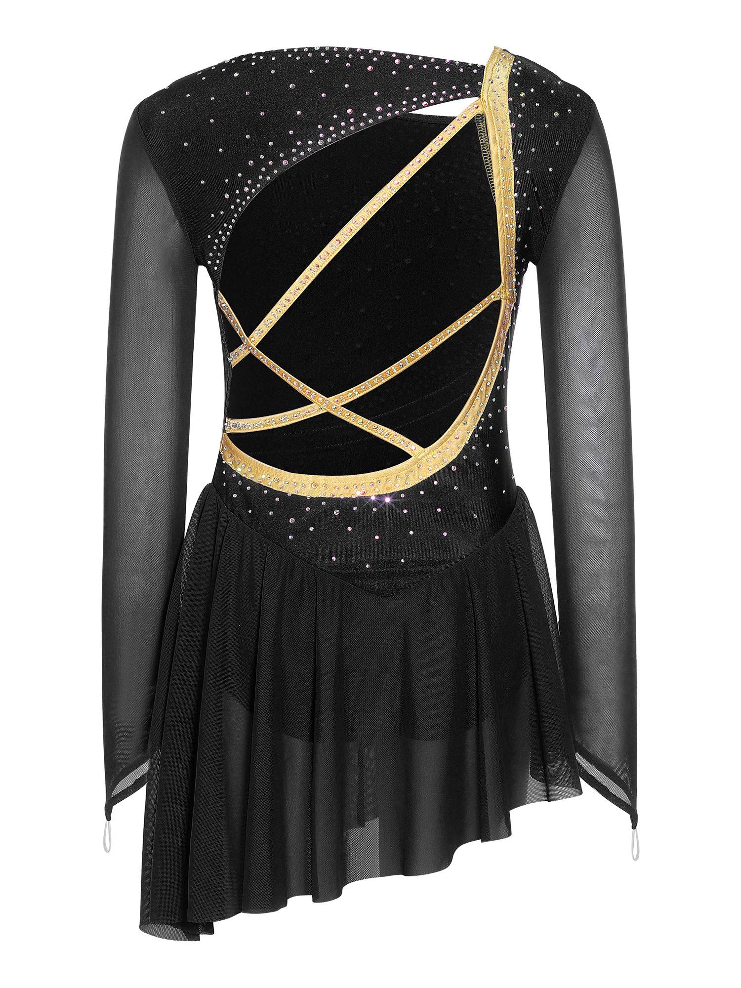 Girls Long Sleeve Rhinestone Figure Skating Dress for Ice Skating & Ballet Show