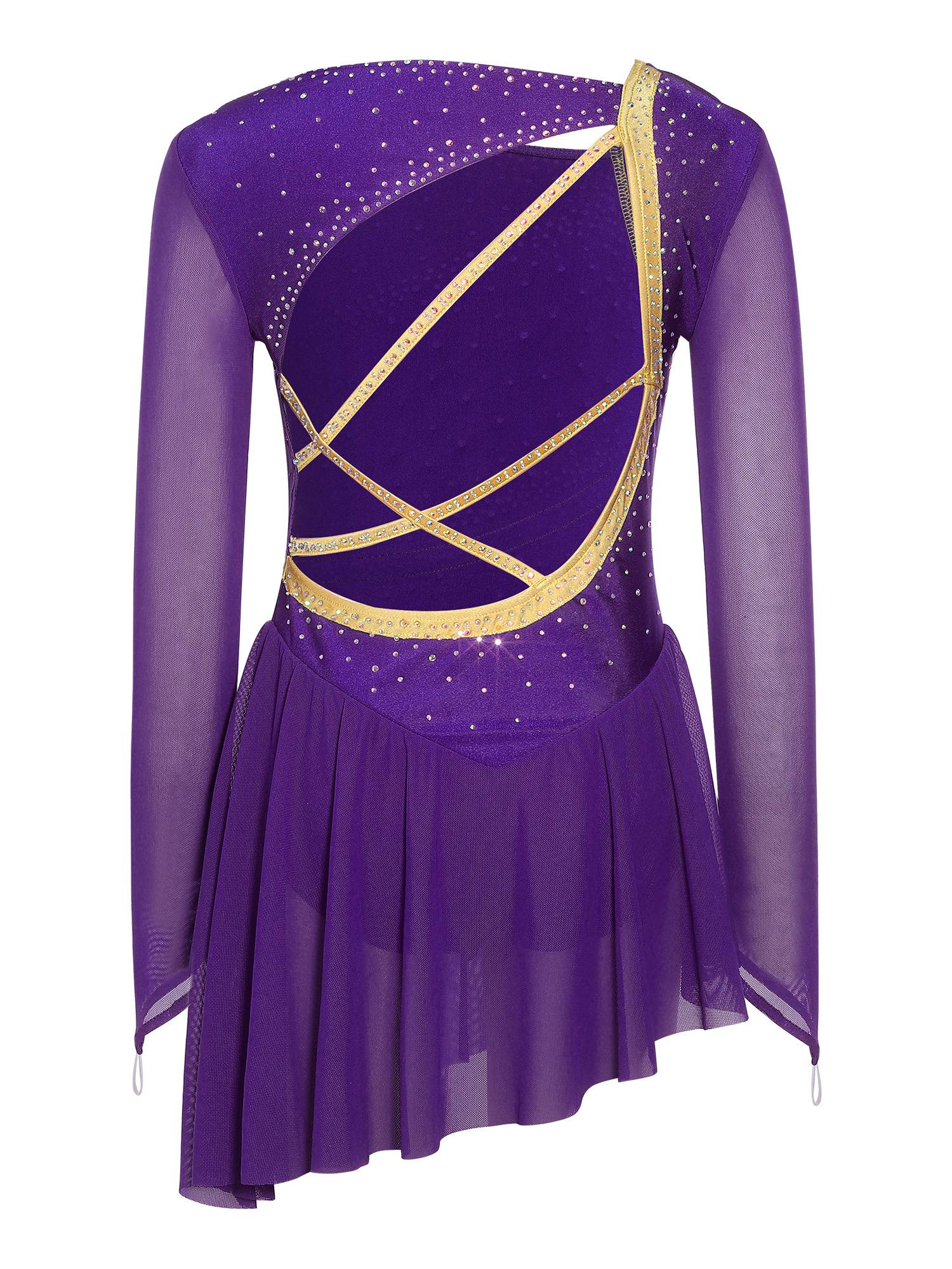 Girls Long Sleeve Rhinestone Figure Skating Dress for Ice Skating & Ballet Show