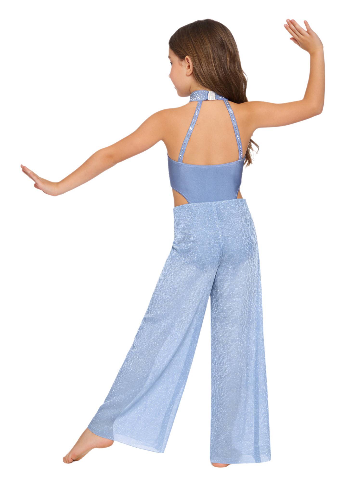 Girls Lyrical Dance Jumpsuit Sleeveless Rhinestone Halter Ballet Skating Leotard