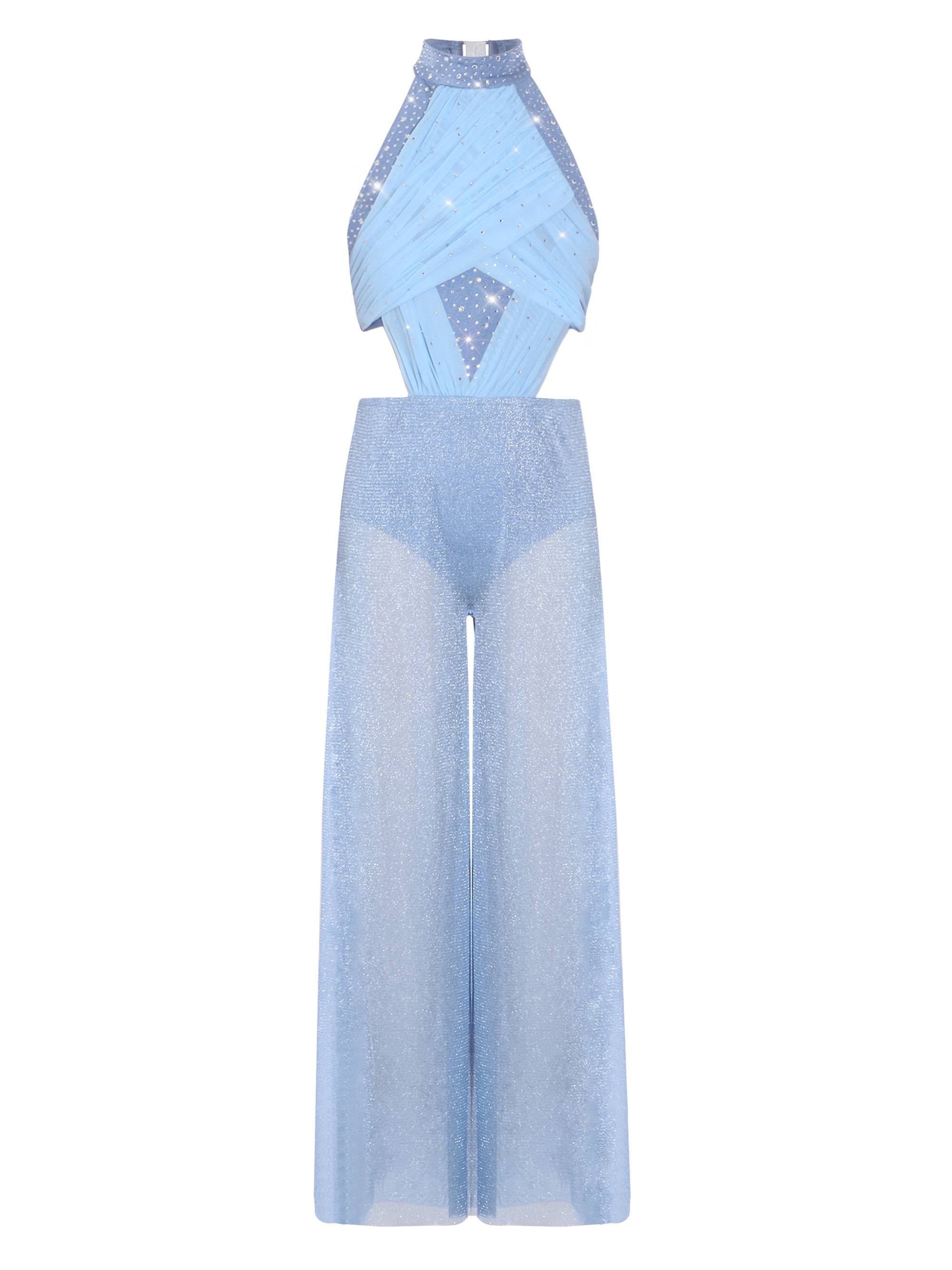 Girls Lyrical Dance Jumpsuit Sleeveless Rhinestone Halter Ballet Skating Leotard