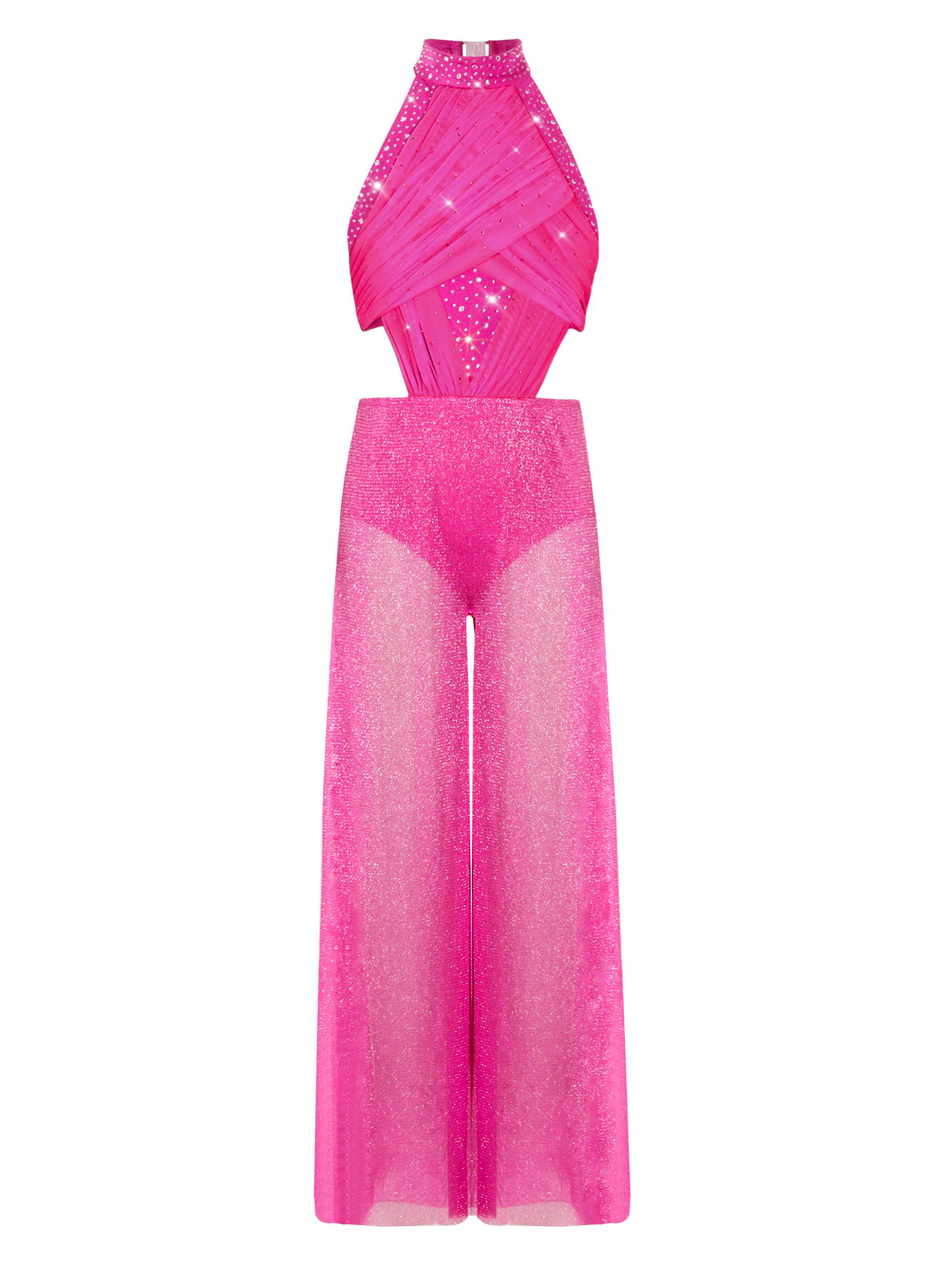 Girls Lyrical Dance Jumpsuit Sleeveless Rhinestone Halter Ballet Skating Leotard