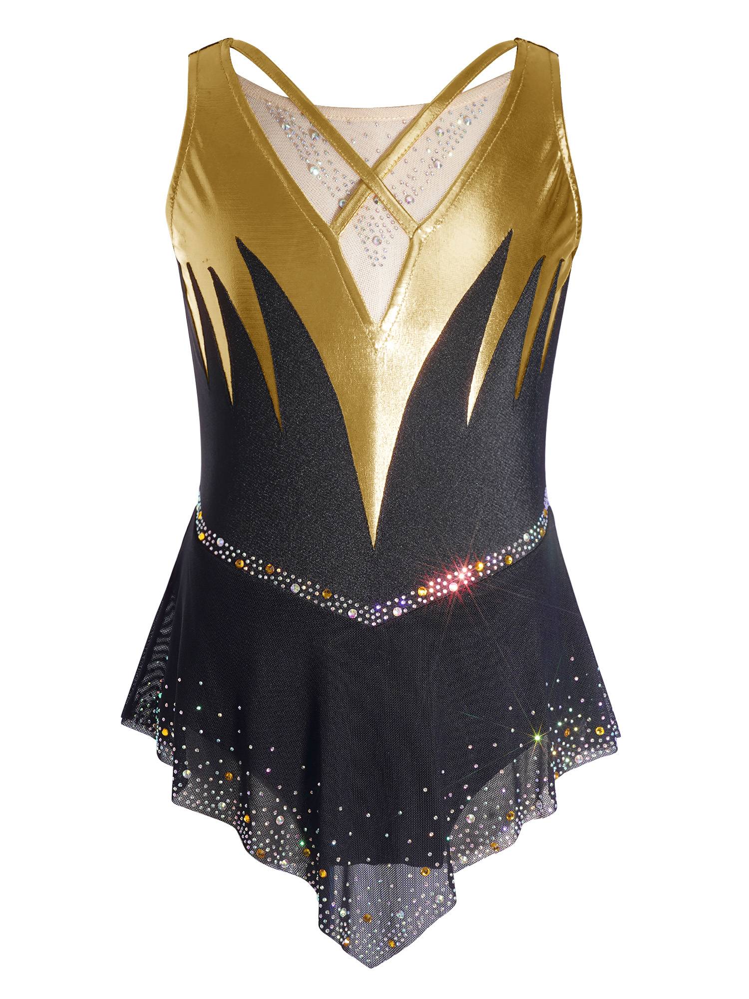 Girls Sleeveless Metallic Rhinetone Figure Skating Dress Gymnastics Leotard