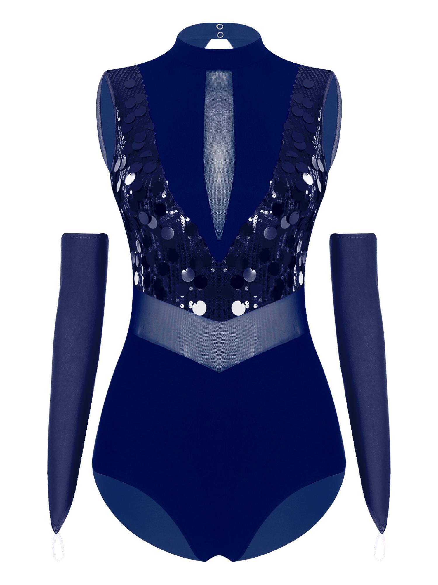 Women Sequin Sleeveless Latin Jazz Dance Leotard with Gloves