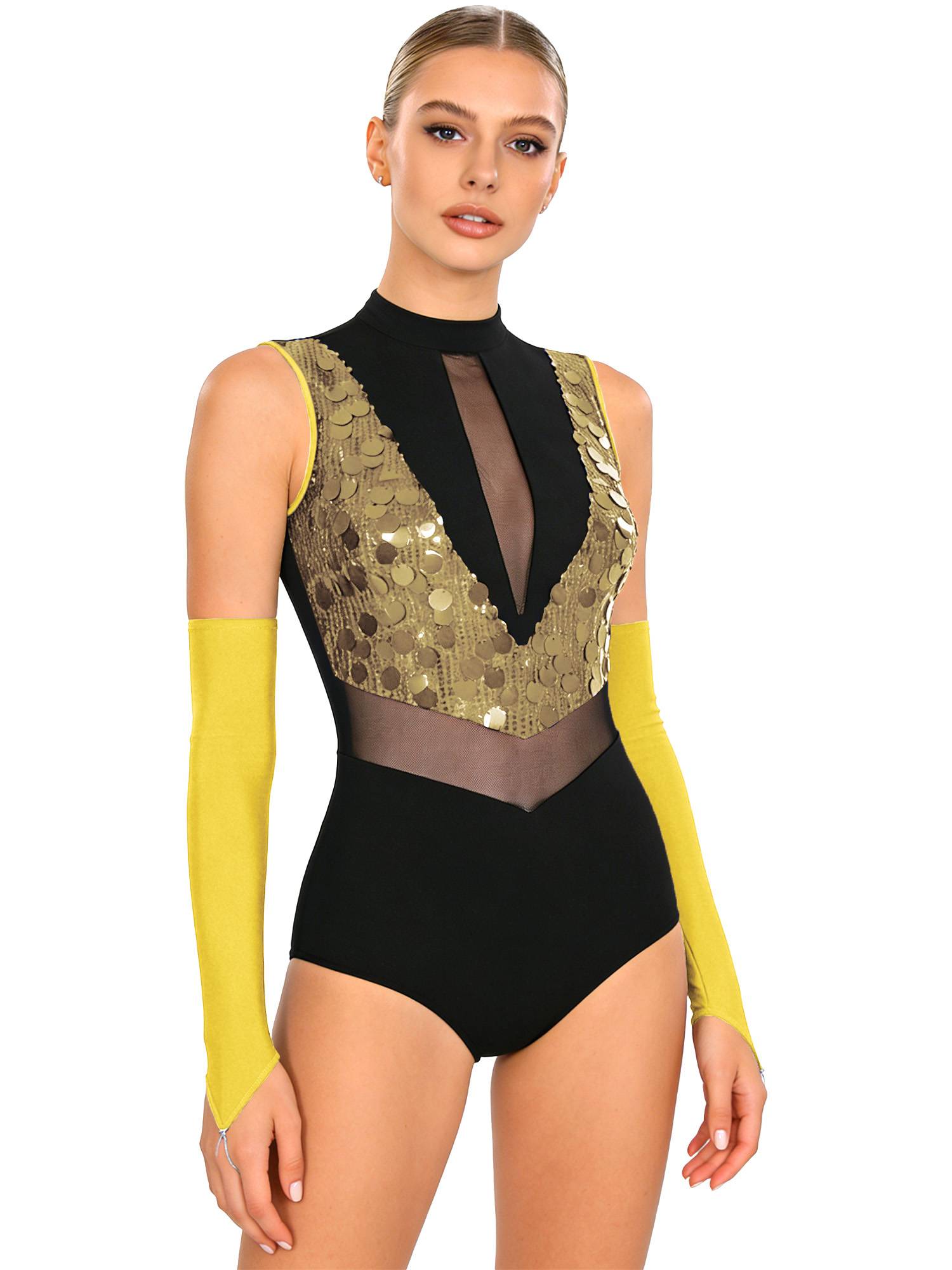 Women Sequin Sleeveless Latin Jazz Dance Leotard with Gloves