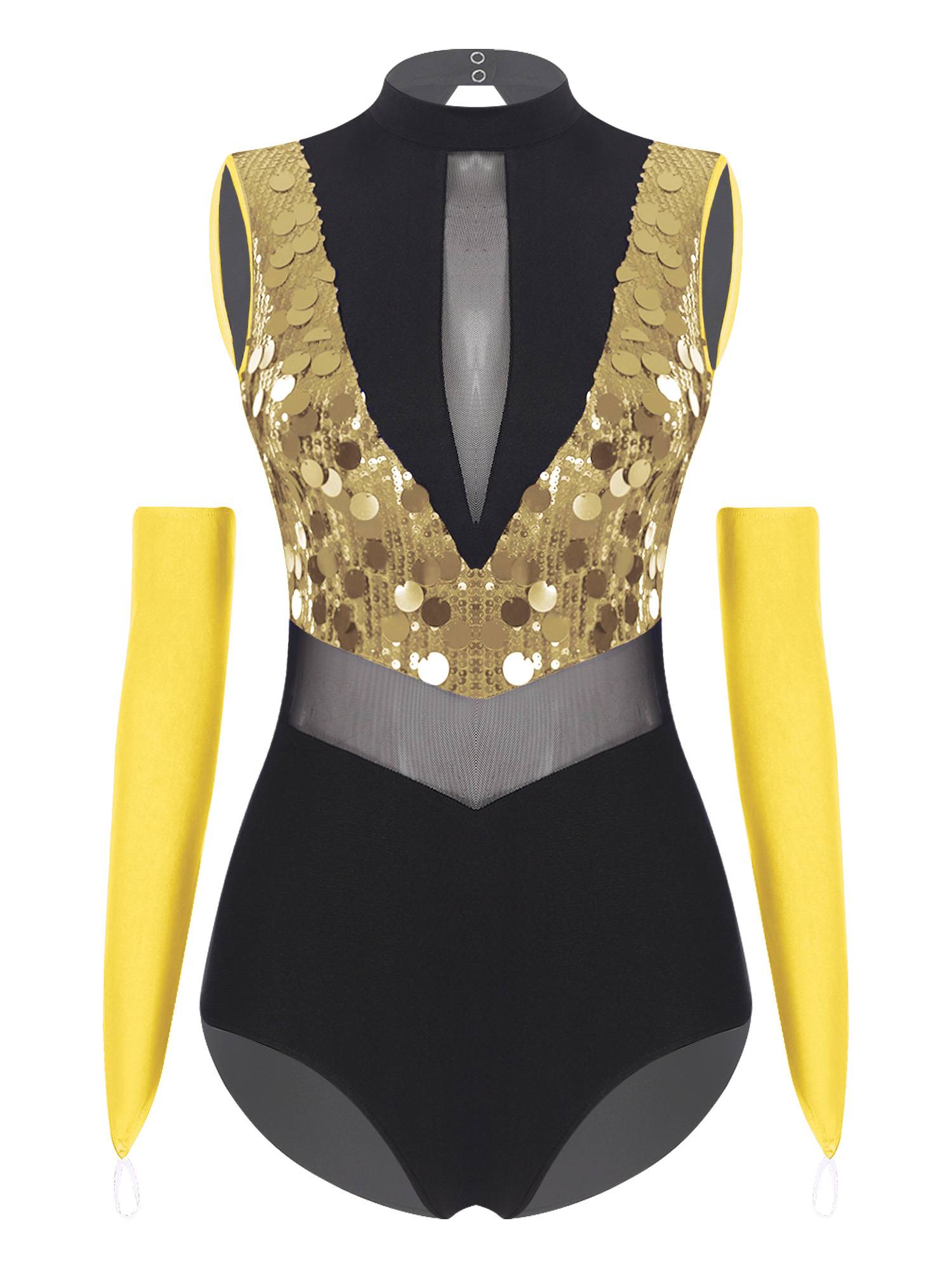 Women Sequin Sleeveless Latin Jazz Dance Leotard with Gloves