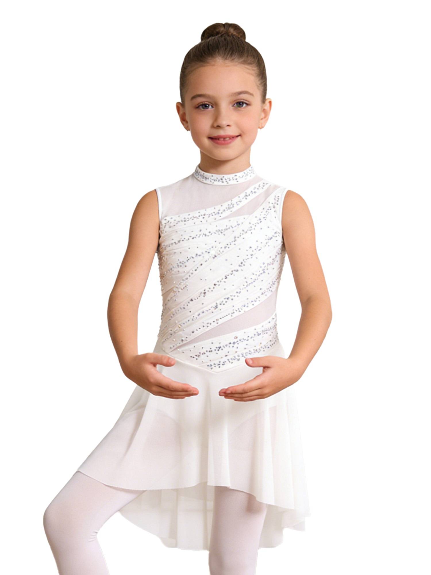 Girls Lyrical Dance Costume Sparkly Sleeveless Hi-lo Figure Skating Dress