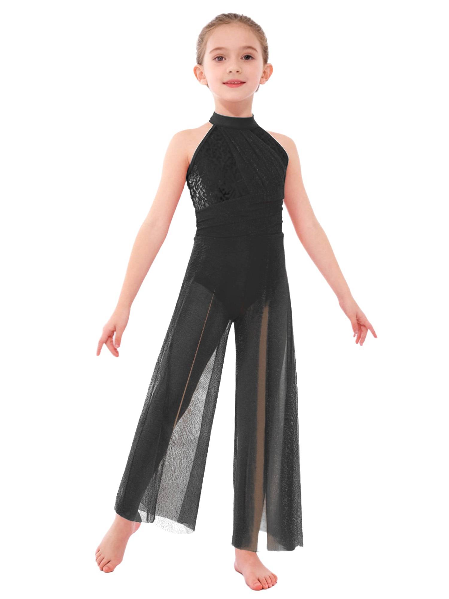 Kids Girls Lyrical Dance Jumpsuit Rhinestone Sleeveless Side Slit Ballet Leotard