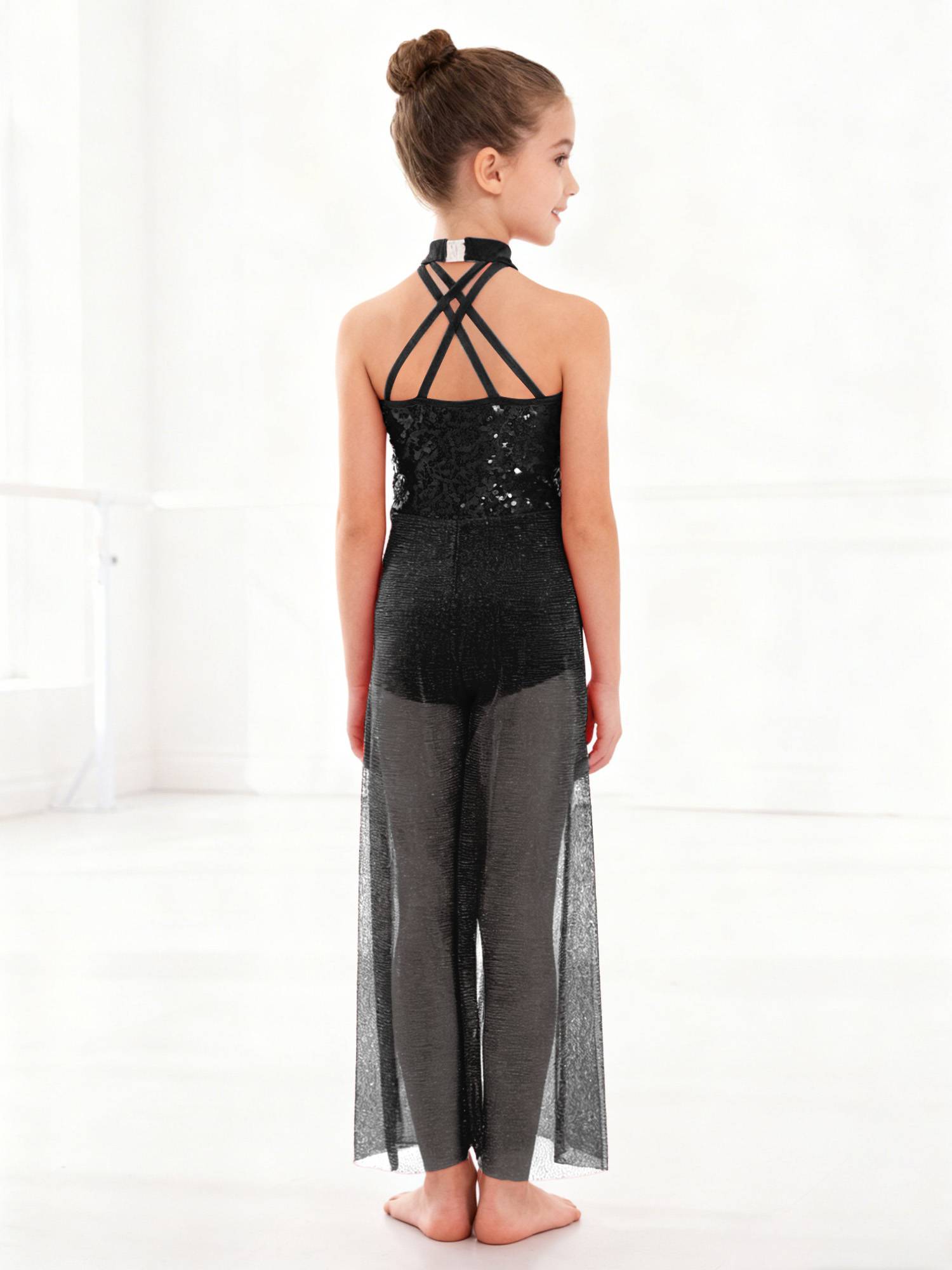 Kids Girls Lyrical Dance Jumpsuit Rhinestone Sleeveless Side Slit Ballet Leotard