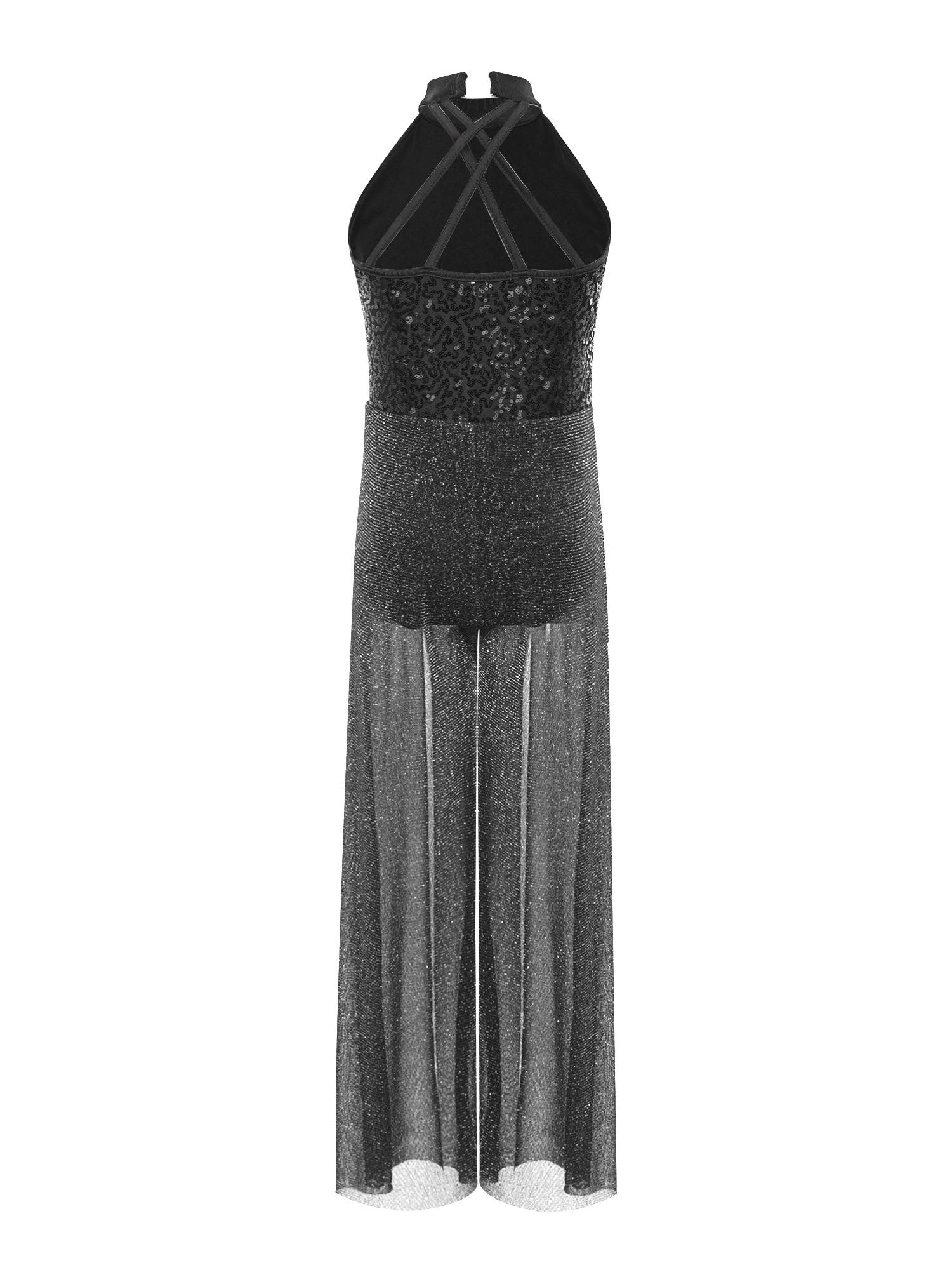 Kids Girls Lyrical Dance Jumpsuit Rhinestone Sleeveless Side Slit Ballet Leotard