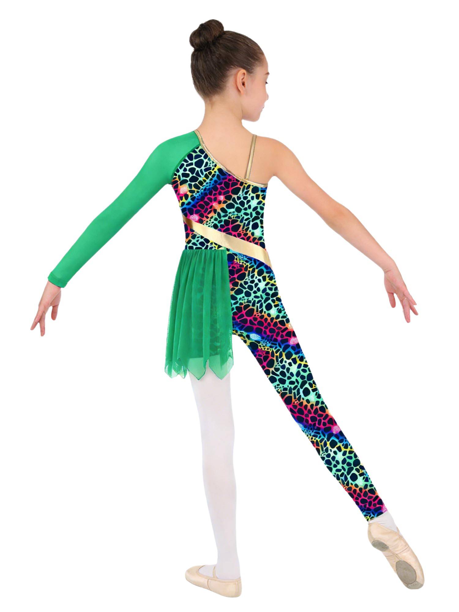 Kids Cavegirl Gymnastics Leotard Leopard Print Asymmetrical Jumpsuit