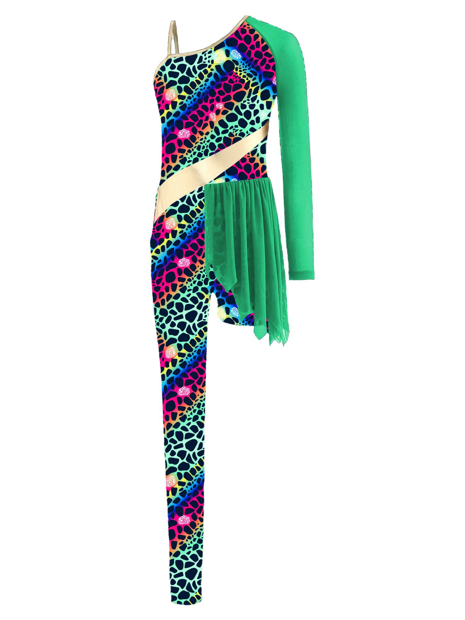 Kids Cavegirl Gymnastics Leotard Leopard Print Asymmetrical Jumpsuit
