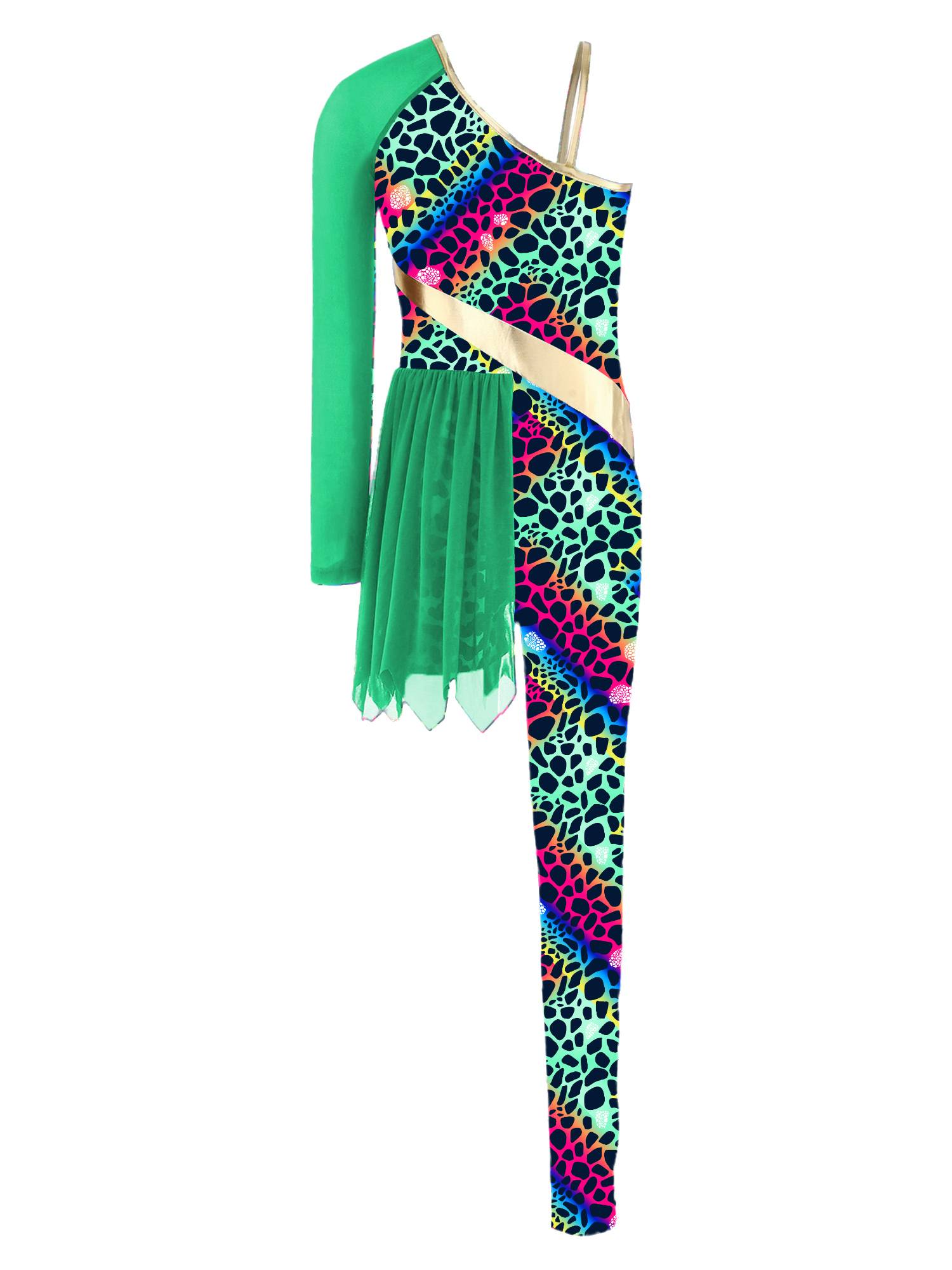 Kids Cavegirl Gymnastics Leotard Leopard Print Asymmetrical Jumpsuit