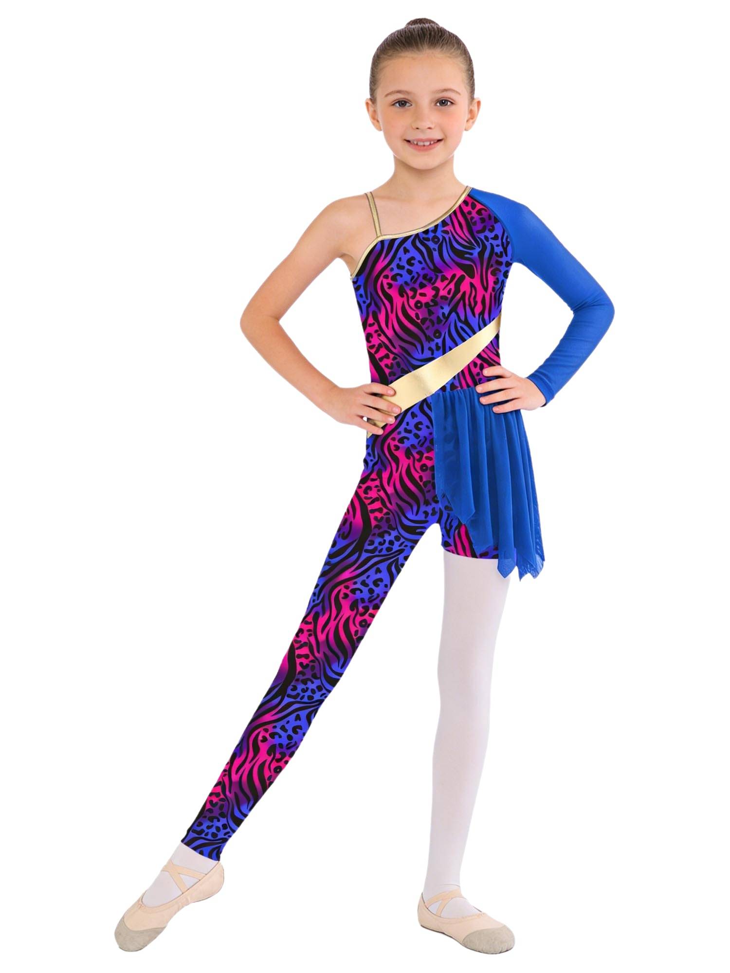 Kids Cavegirl Gymnastics Leotard Leopard Print Asymmetrical Jumpsuit