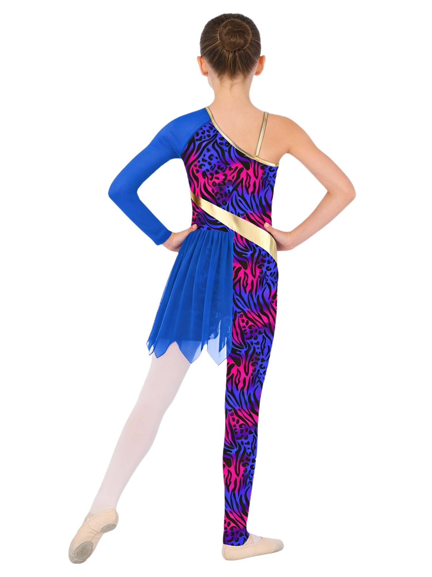 Kids Cavegirl Gymnastics Leotard Leopard Print Asymmetrical Jumpsuit