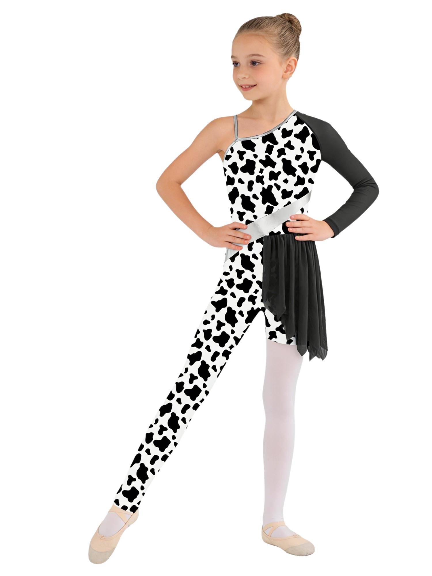 Kids Cavegirl Gymnastics Leotard Leopard Print Asymmetrical Jumpsuit