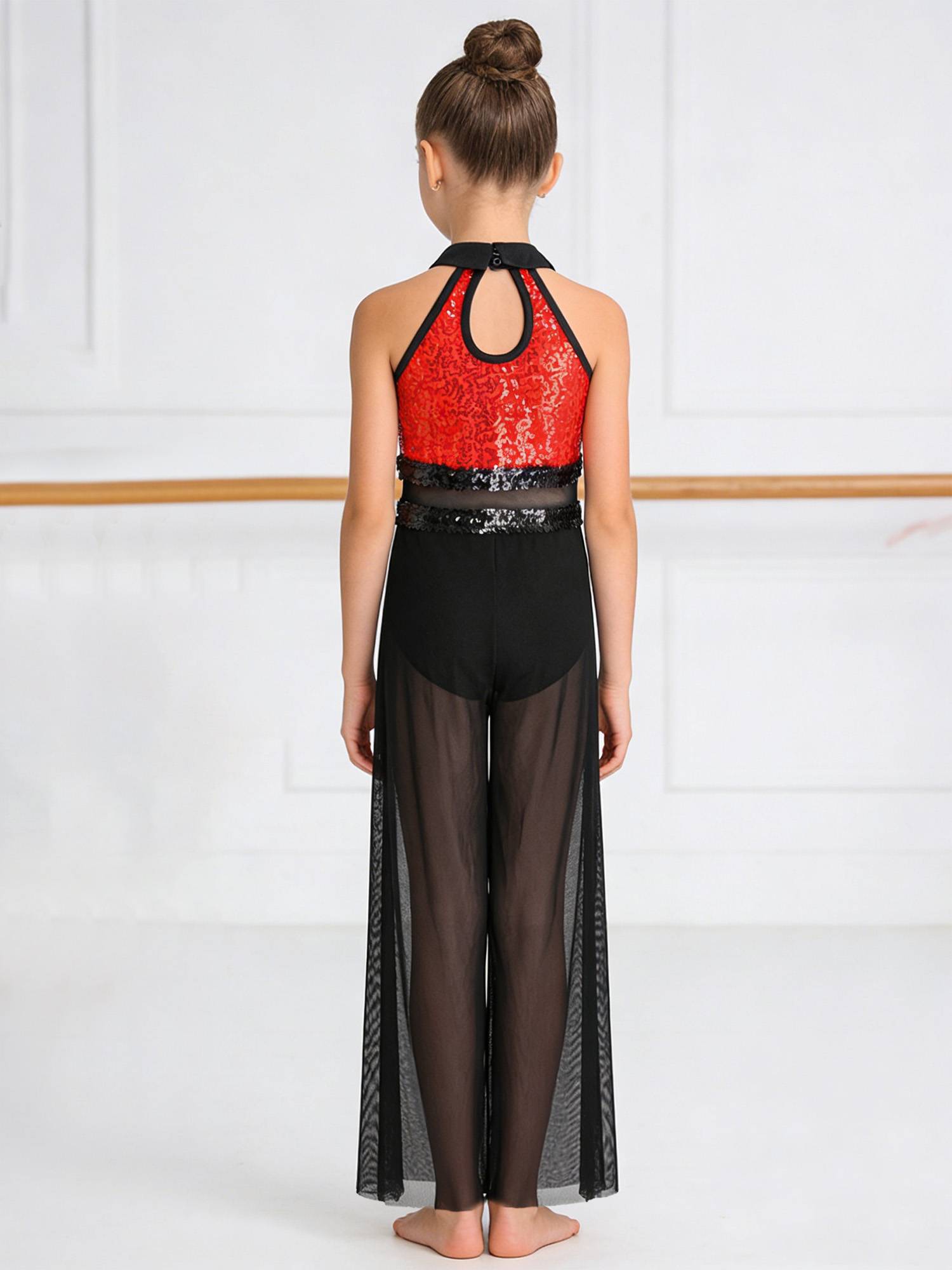 Girls Sequin Jazz Dance Jumpsuit Wide-leg Bodysuit with Built-in Briefs